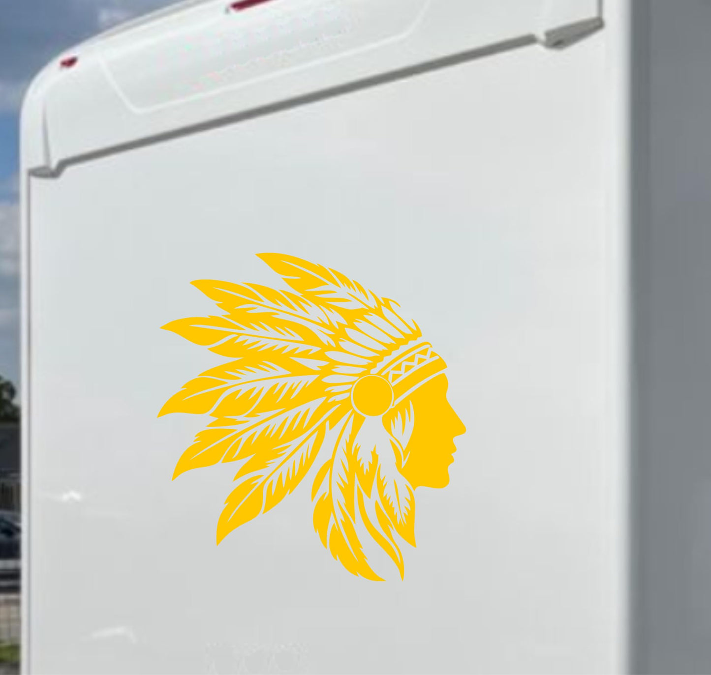 Adesivi stickers camper Indiano con piume frase frasi -caravan roulotte- accessori grafiche fiancata scegli colore cod. 0436 (cm 56 x60)