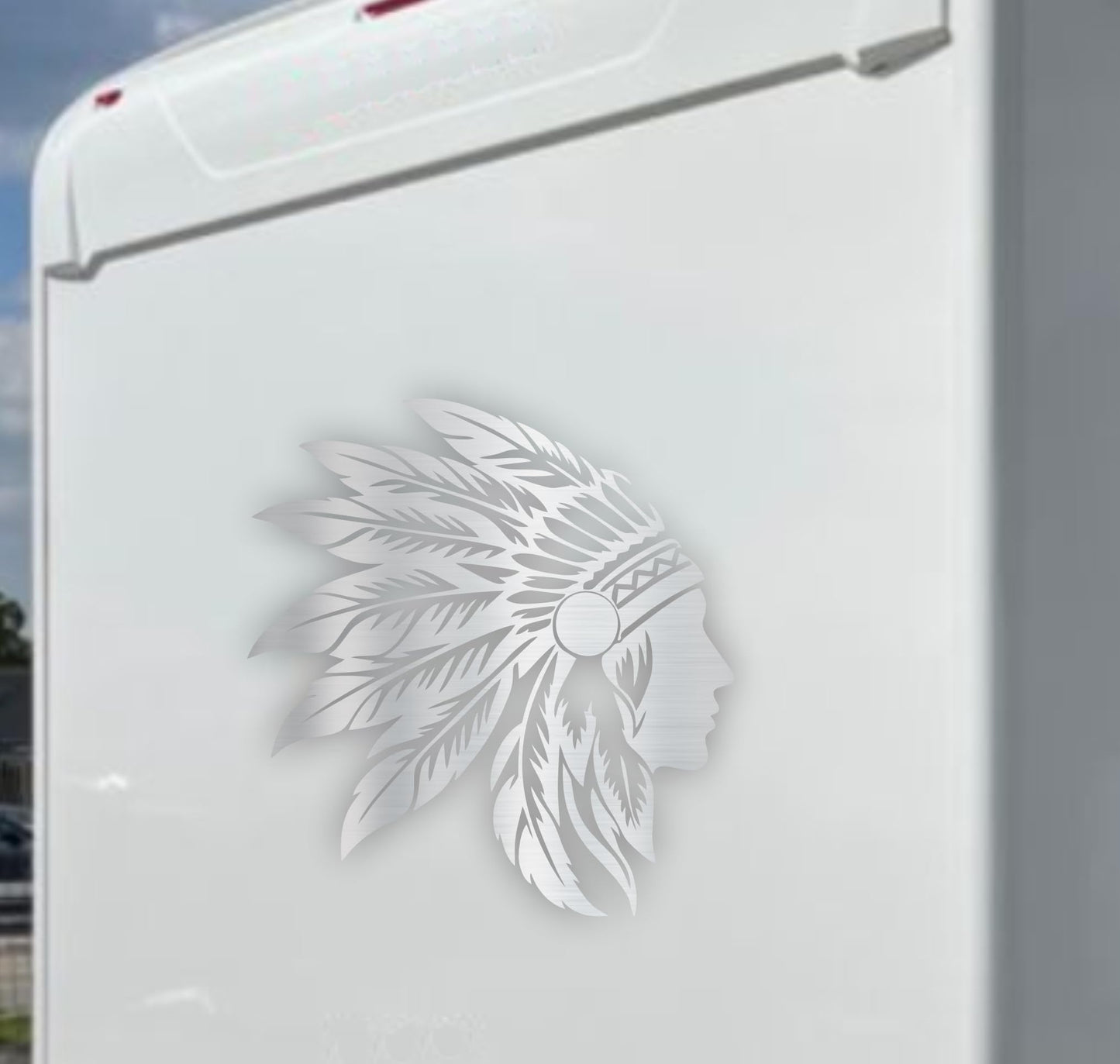 Adesivi stickers camper Indiano con piume frase frasi -caravan roulotte- accessori grafiche fiancata scegli colore cod. 0436 (cm 56 x60)