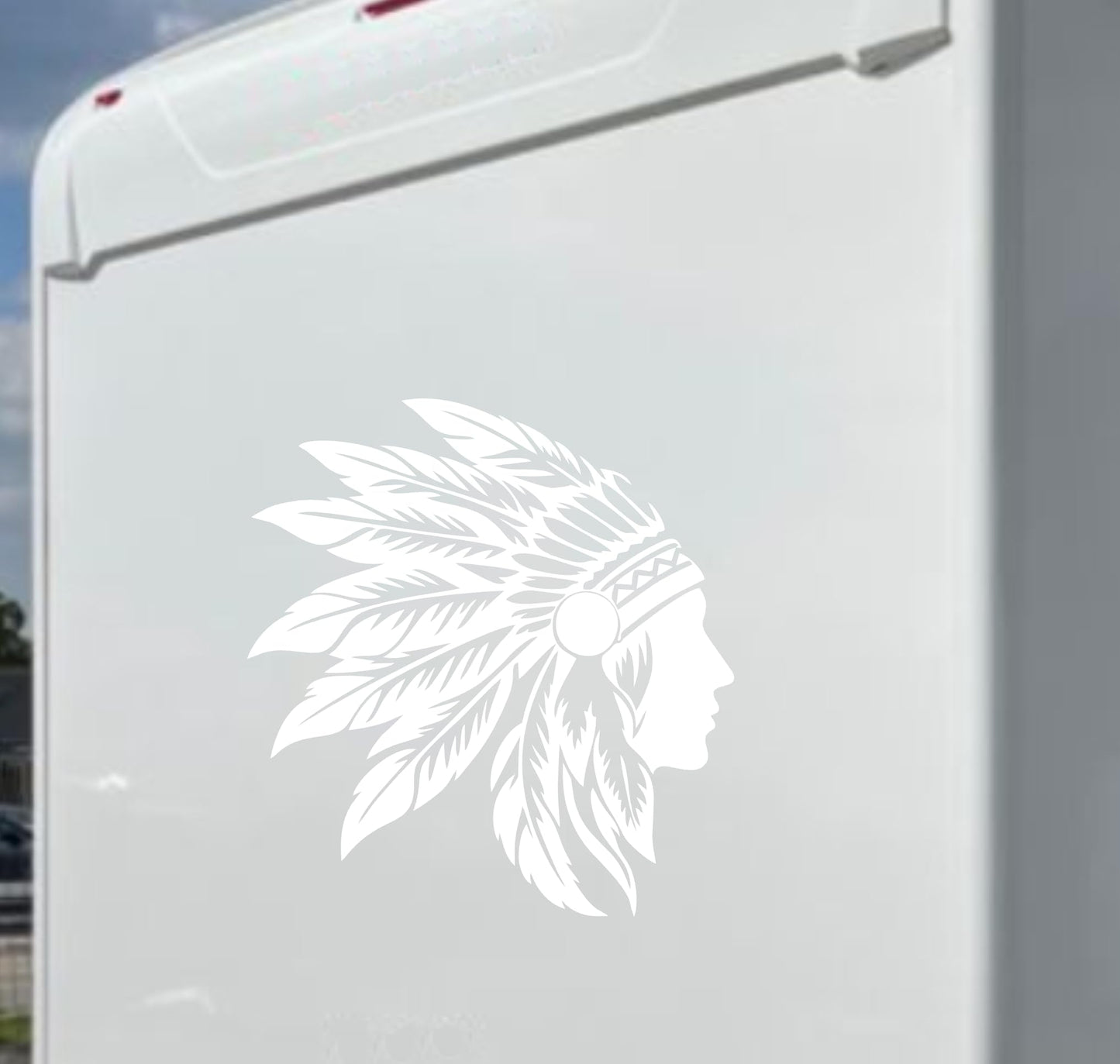 Adesivi stickers camper Indiano con piume frase frasi -caravan roulotte- accessori grafiche fiancata scegli colore cod. 0436 (cm 56 x60)