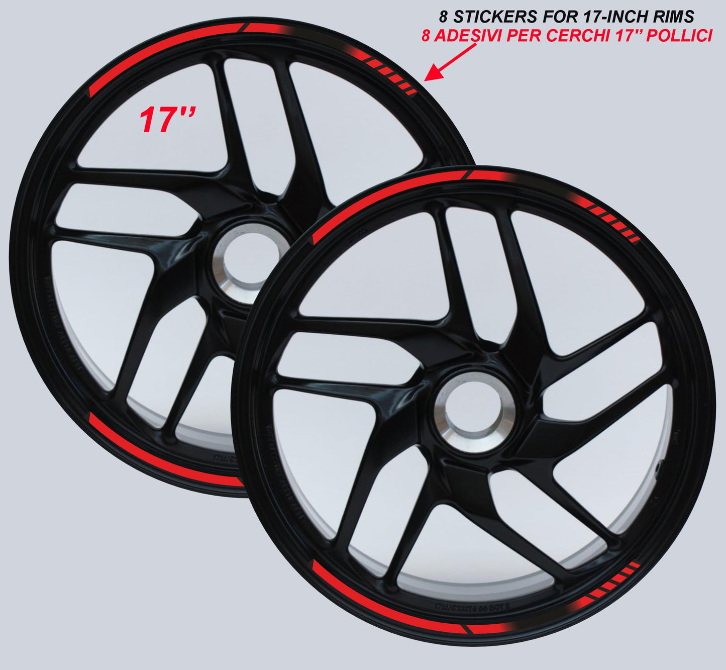 DualColorStampe Strisce Adesive Cerchi Moto 17 Pollici – Set per 2 Ruote – Design Racing Rosso e Nero – Resistenti a Pioggia e Sole – Adesivi Ruote Moto Lucidi – Modello D0134