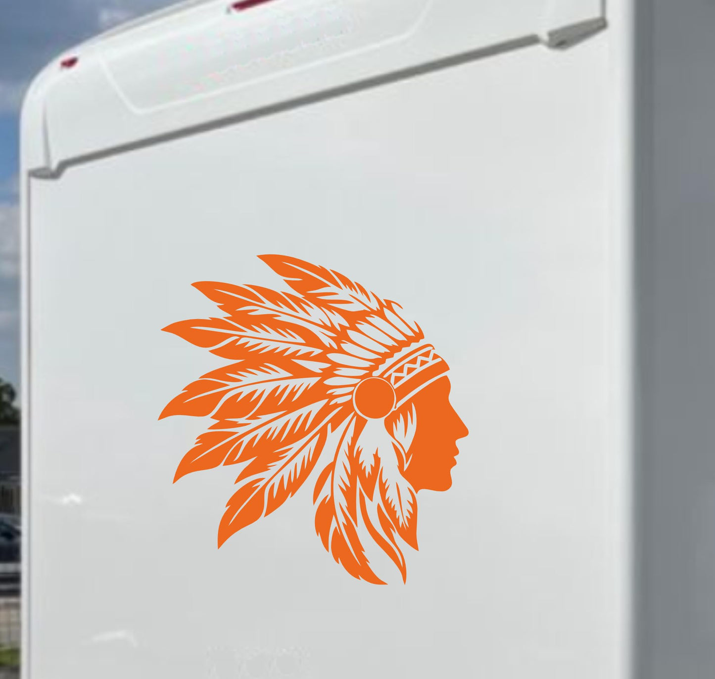 Adesivi stickers camper Indiano con piume frase frasi -caravan roulotte- accessori grafiche fiancata scegli colore cod. 0436 (cm 56 x60)