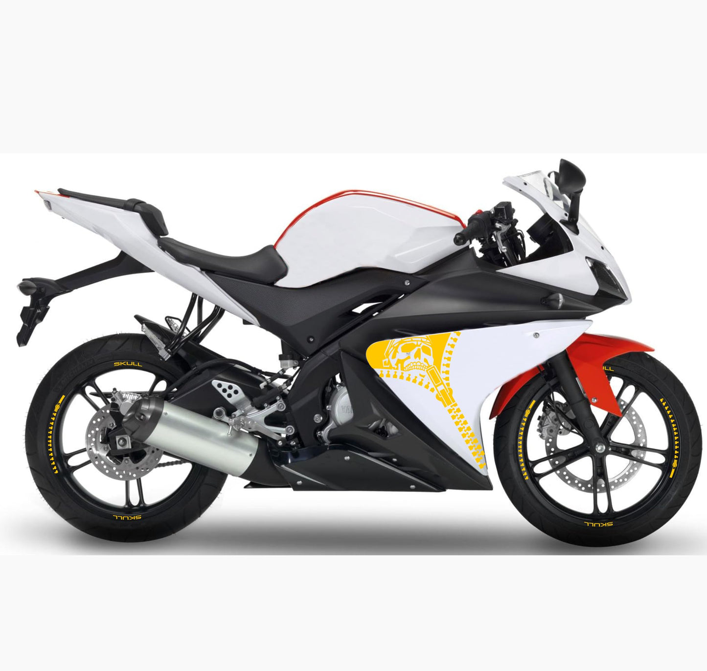 DualColorStampe Adesivi Compatibili con Yamaha YZF-R125 R125 (2014-2018) Stickers Strisce cerchi 17'' Pollici + Carena moto decalcomania teschio M0241
