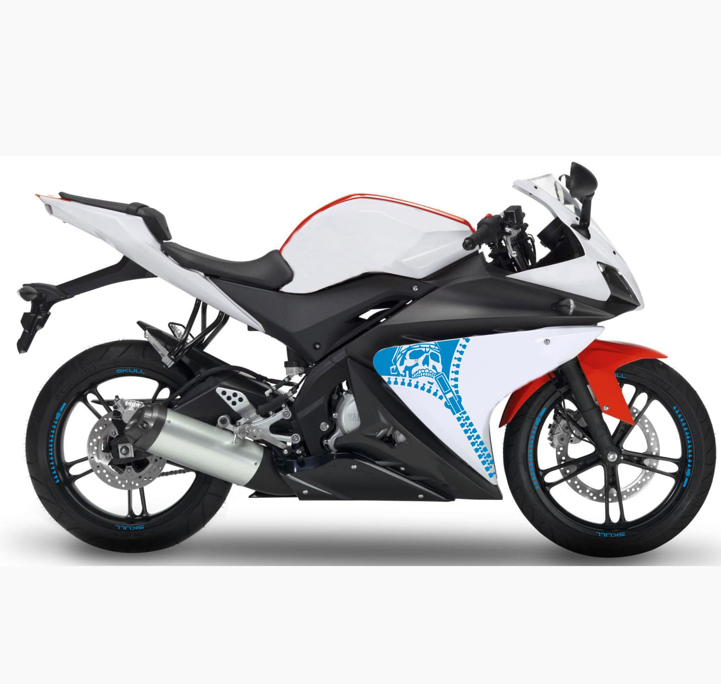 DualColorStampe Adesivi Compatibili con Yamaha YZF-R125 R125 (2014-2018) Stickers Strisce cerchi 17'' Pollici + Carena moto decalcomania teschio M0241
