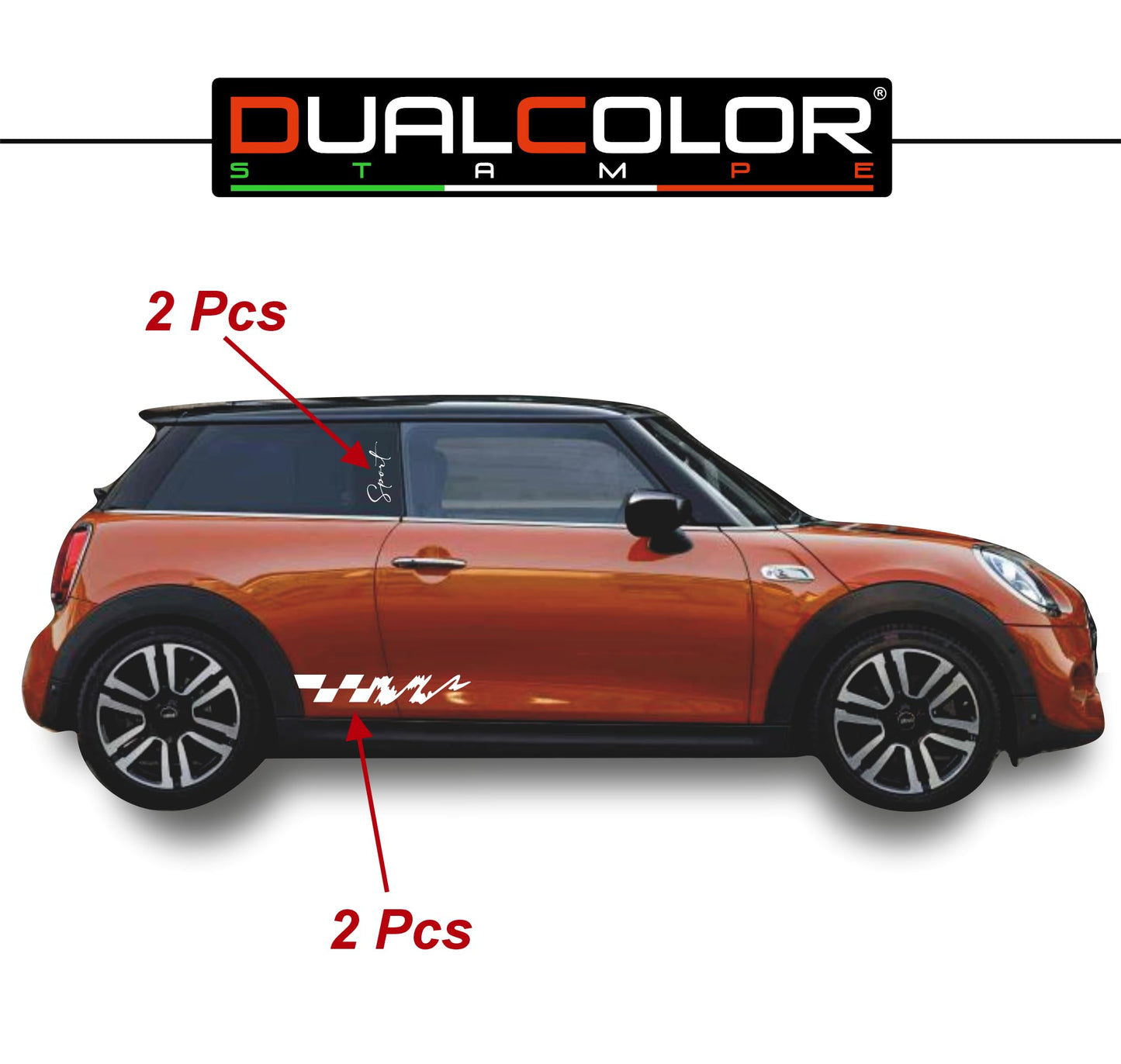DualColorStampe Adesivi compatibili con MINI Cooper S One JCW R50 R52 R53 R56 R57 F55 F56 F57 per minigonne laterali (4 pezzi) Strisce laterali decalcomania a scacchi 0372