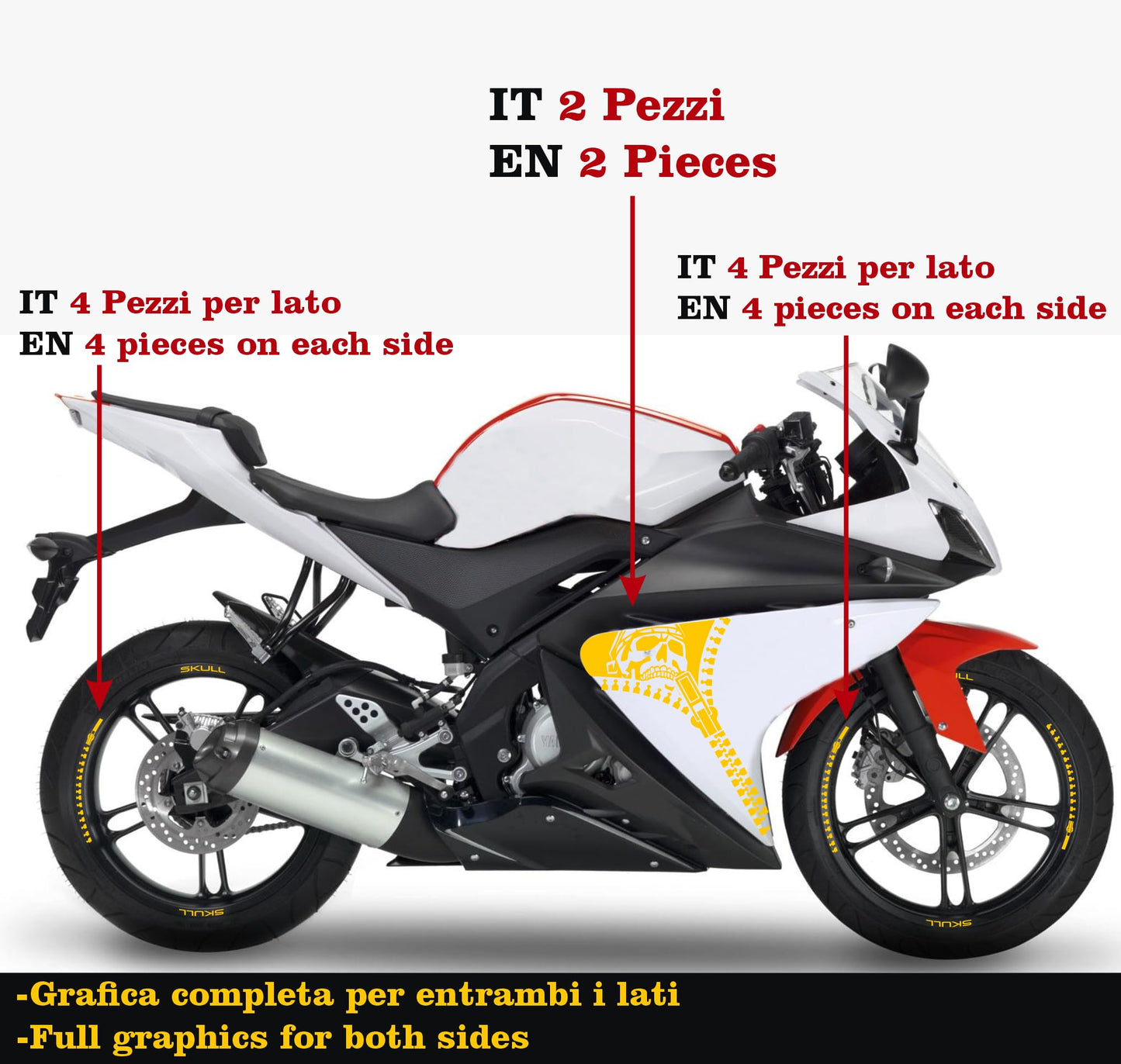 DualColorStampe Adesivi Compatibili con Yamaha YZF-R125 R125 (2014-2018) Stickers Strisce cerchi 17'' Pollici + Carena moto decalcomania teschio M0241