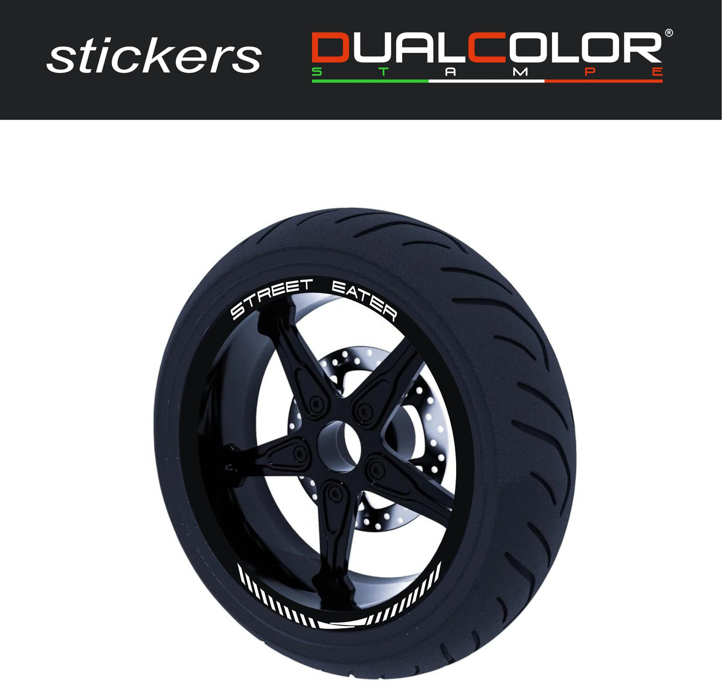 DualColorStampe Confezione Adesivi Set Completo di Cerchi Strisce per Moto per 2 Ruote da 17'' pollici strips Design Racing STREET EATER D0118