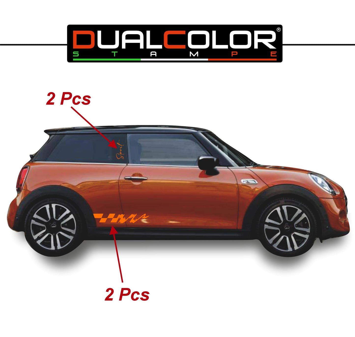 DualColorStampe Adesivi compatibili con MINI Cooper S One JCW R50 R52 R53 R56 R57 F55 F56 F57 per minigonne laterali (4 pezzi) Strisce laterali decalcomania a scacchi 0372