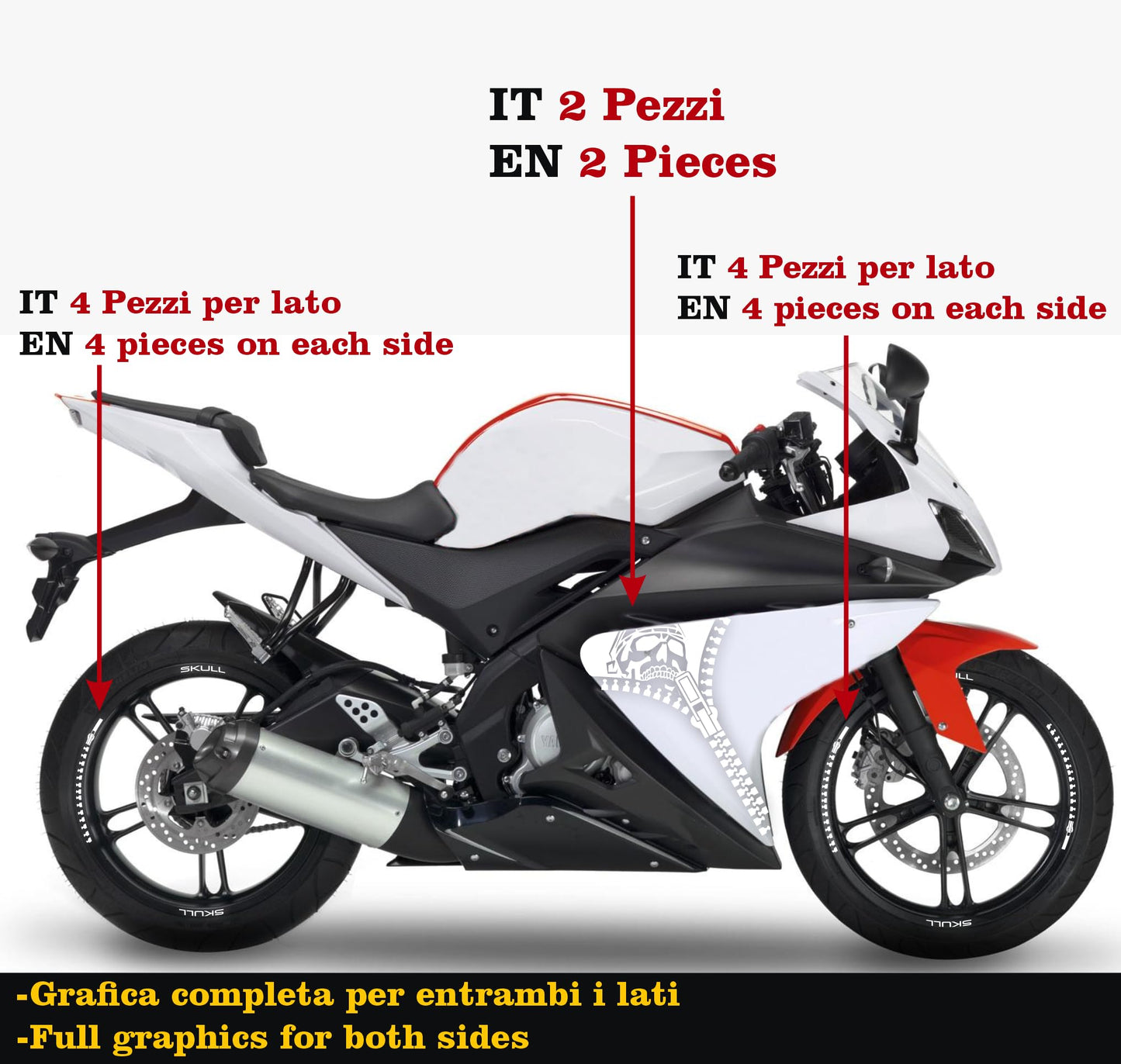 DualColorStampe Adesivi Compatibili con Yamaha YZF-R125 R125 (2014-2018) Stickers Strisce cerchi 17'' Pollici + Carena moto decalcomania teschio M0241