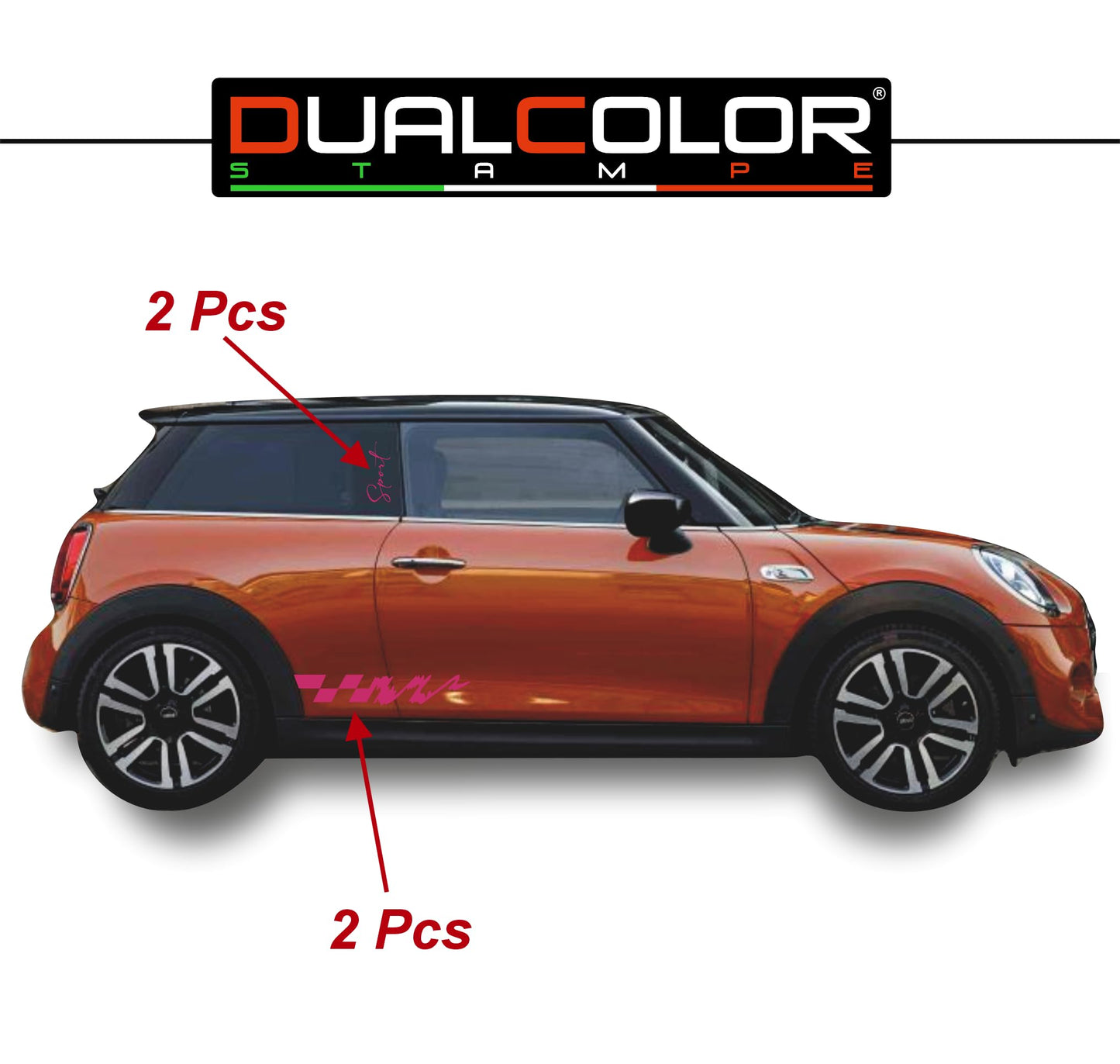 DualColorStampe Adesivi compatibili con MINI Cooper S One JCW R50 R52 R53 R56 R57 F55 F56 F57 per minigonne laterali (4 pezzi) Strisce laterali decalcomania a scacchi 0372