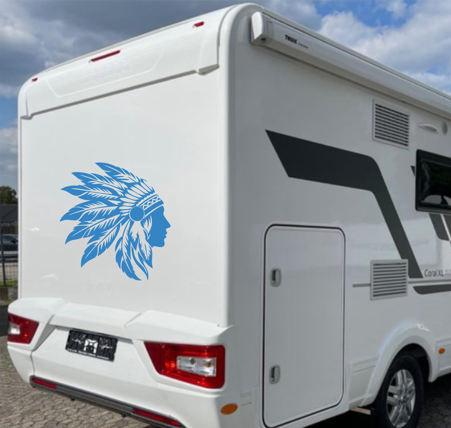 Adesivi stickers camper Indiano con piume frase frasi -caravan roulotte- accessori grafiche fiancata scegli colore cod. 0436 (cm 56 x60)
