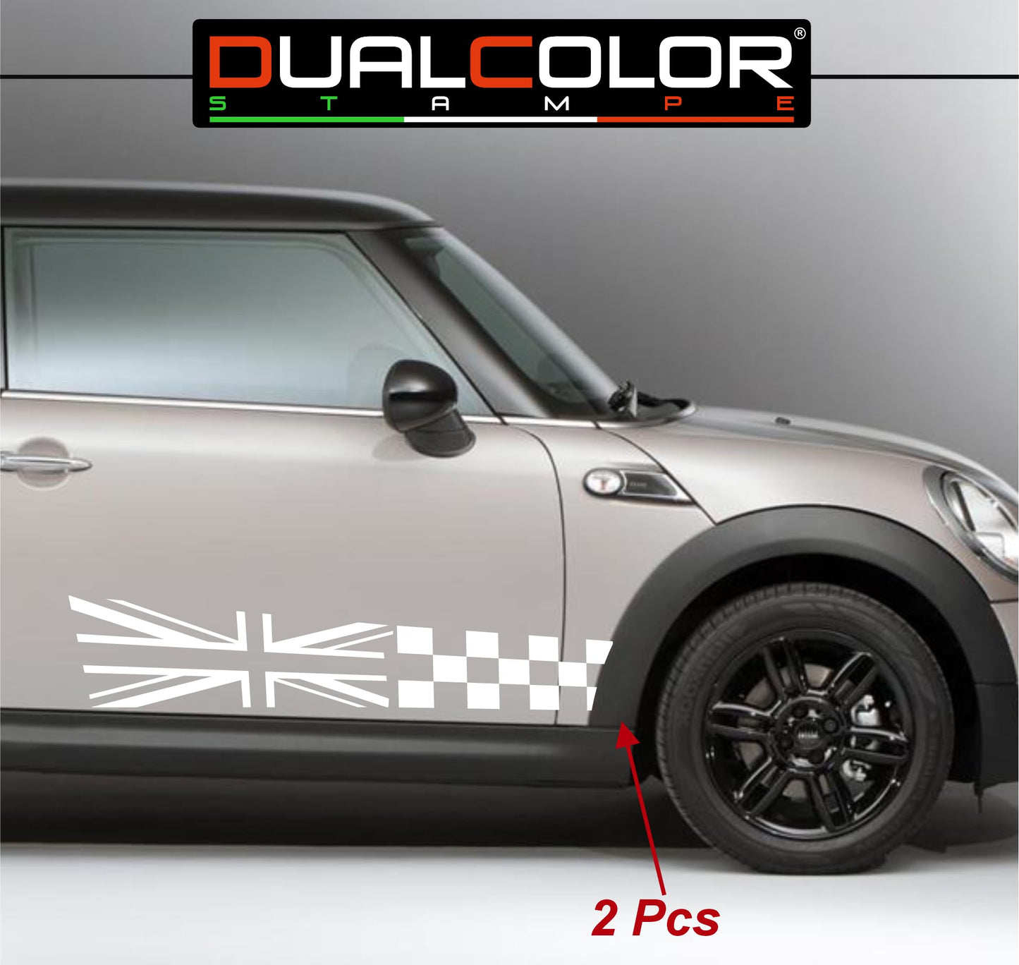 DualColorStampe Adesivi compatibili con MINI Cooper S One JCW R50 R52 R53 R56 R57 F55 F56 F57 per minigonne laterali (2 pezzi) Strisce laterali decalcomania a scacchiera 0371