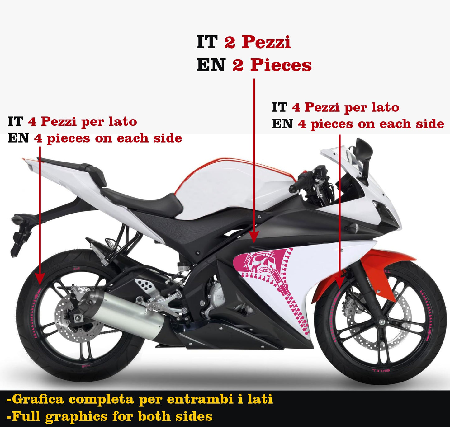 DualColorStampe Adesivi Compatibili con Yamaha YZF-R125 R125 (2014-2018) Stickers Strisce cerchi 17'' Pollici + Carena moto decalcomania teschio M0241