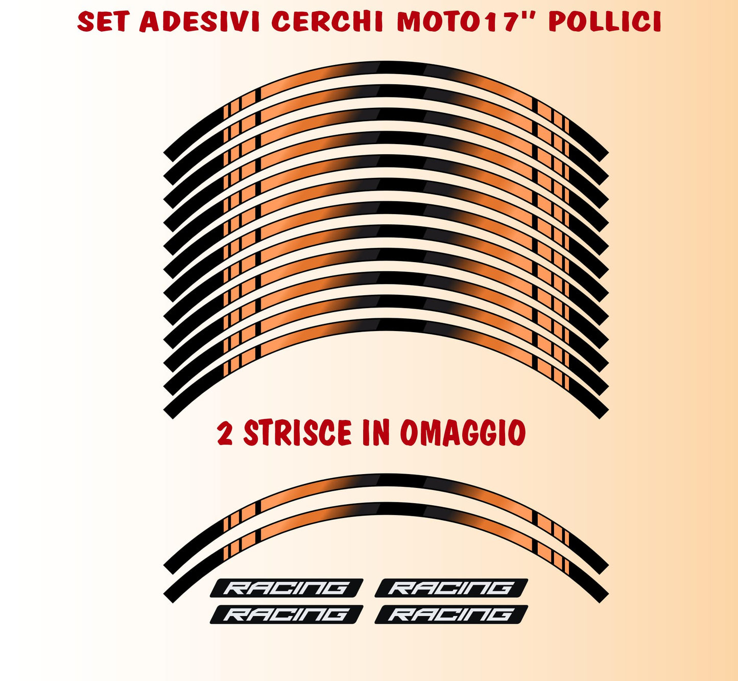 DualColorStampe Strisce Adesive Cerchi Moto 17 Pollici – Set per 2 Ruote – Design Racing Arancione e Nero – Resistenti a Pioggia e Sole – Adesivi Ruote Moto Lucidi – Modello D0136