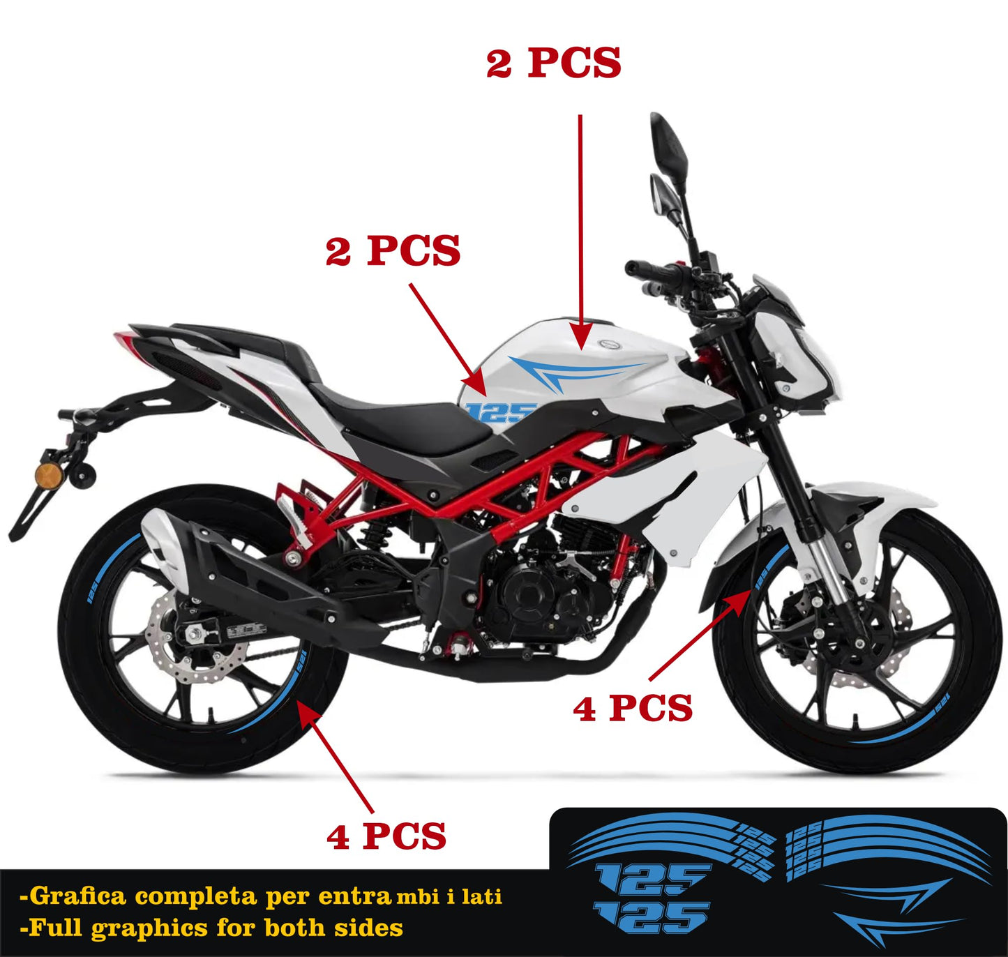 DualColorStampe Adesivi Compatibili con Benelli BN 125 (2021-2023) DX-SX Carena Moto + Strisce Cerchi 17'' Stelle Design - M0303