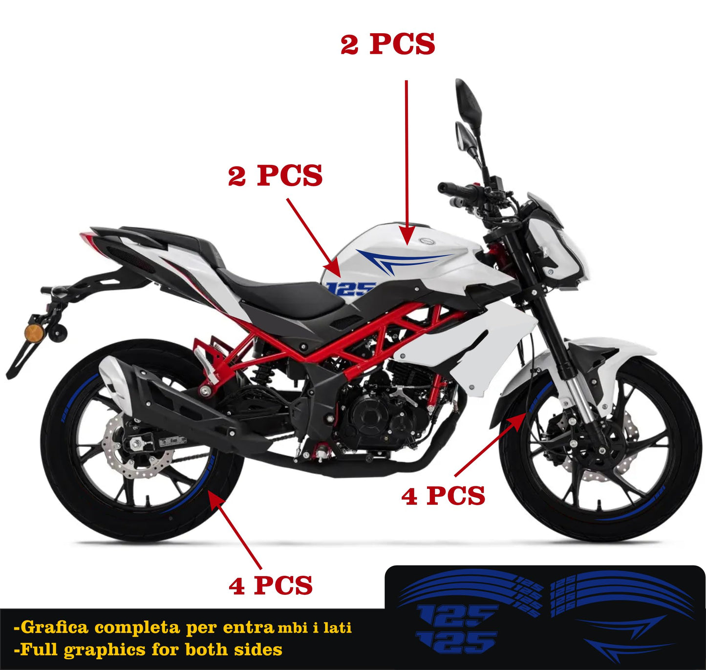 DualColorStampe Adesivi Compatibili con Benelli BN 125 (2021-2023) DX-SX Carena Moto + Strisce Cerchi 17'' Stelle Design - M0303