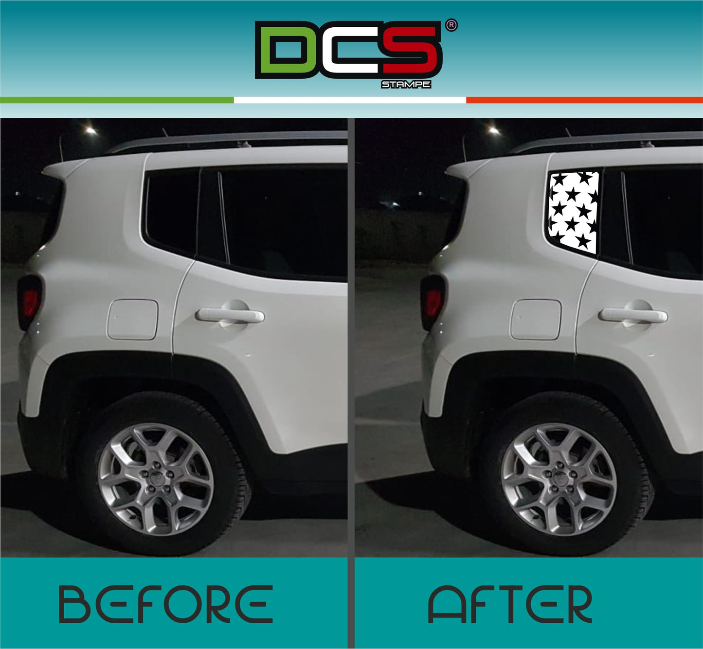 DualColorStampe Adesivi compatibili con Jeep Renegade (2014-2024) Vetro stickers finestrini posteriori fascia Window Decal stelle 0382