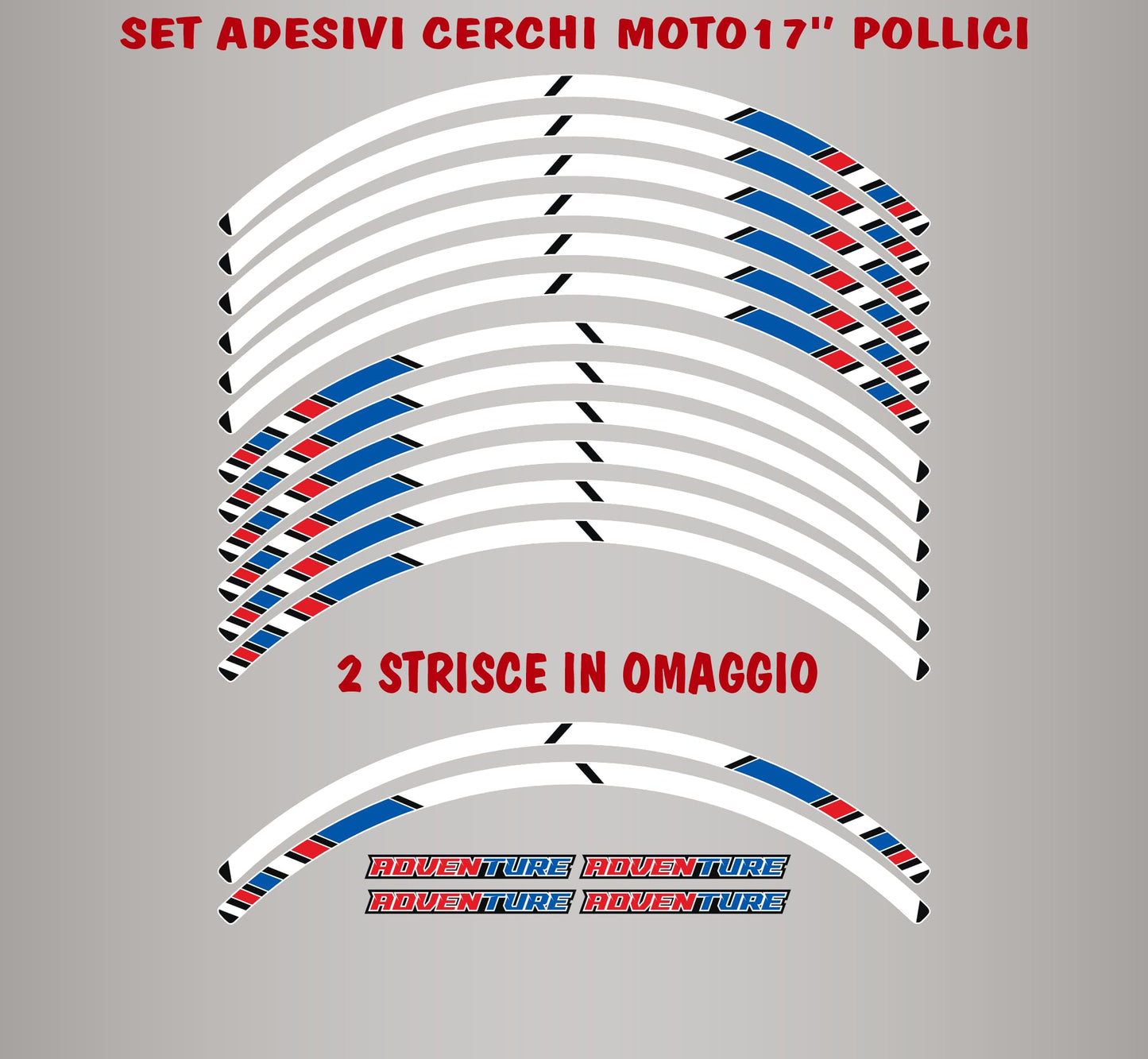 DualColorStampe Strisce Adesive Cerchi Moto 17 Pollici – Set per 2 Ruote – Design Racing Rosso Bianco Blu e Nero – Resistenti a Pioggia e Sole – Adesivi Ruote Moto Lucidi – Modello D0137