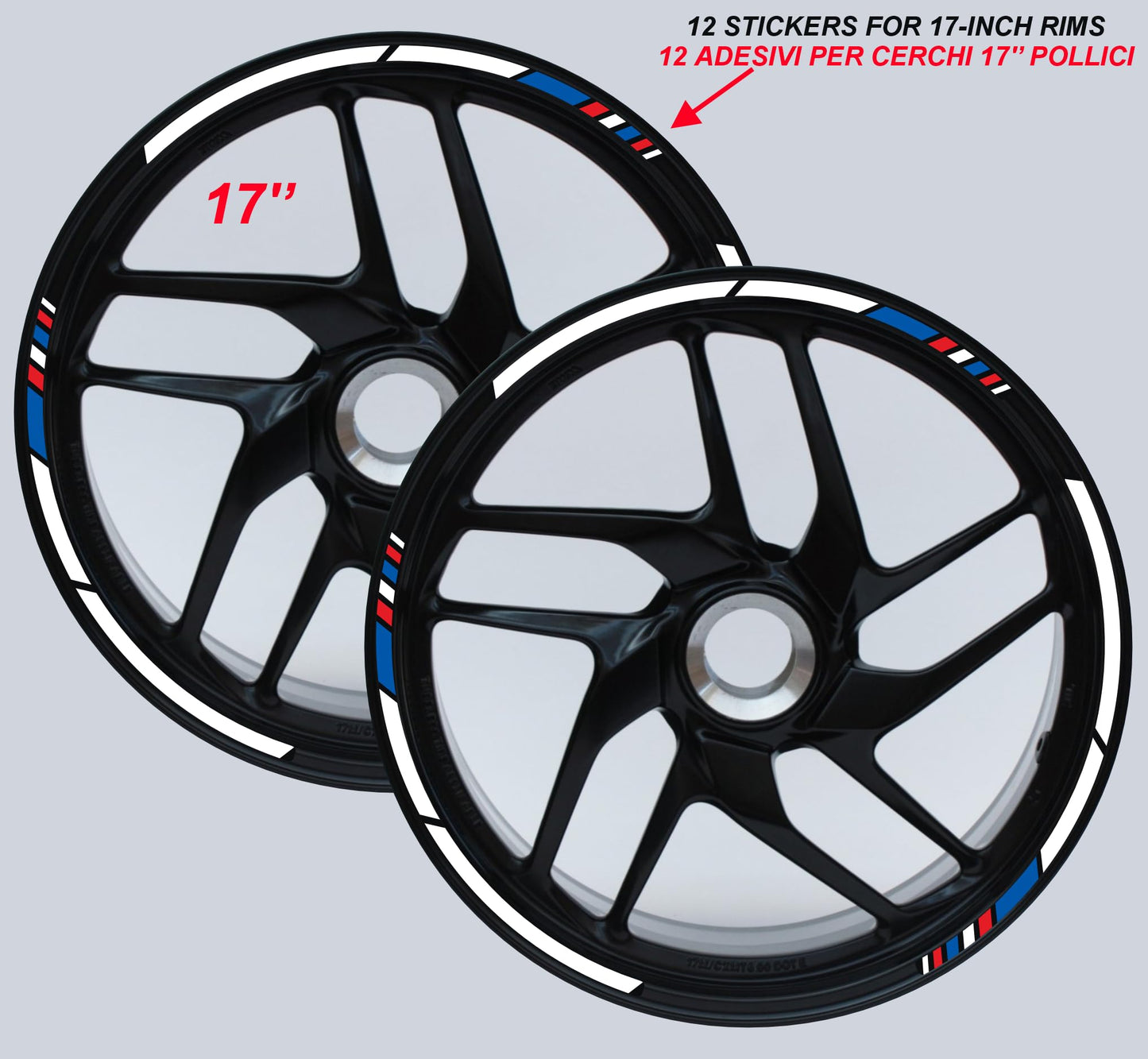 DualColorStampe Strisce Adesive Cerchi Moto 17 Pollici – Set per 2 Ruote – Design Racing Rosso Bianco Blu e Nero – Resistenti a Pioggia e Sole – Adesivi Ruote Moto Lucidi – Modello D0137