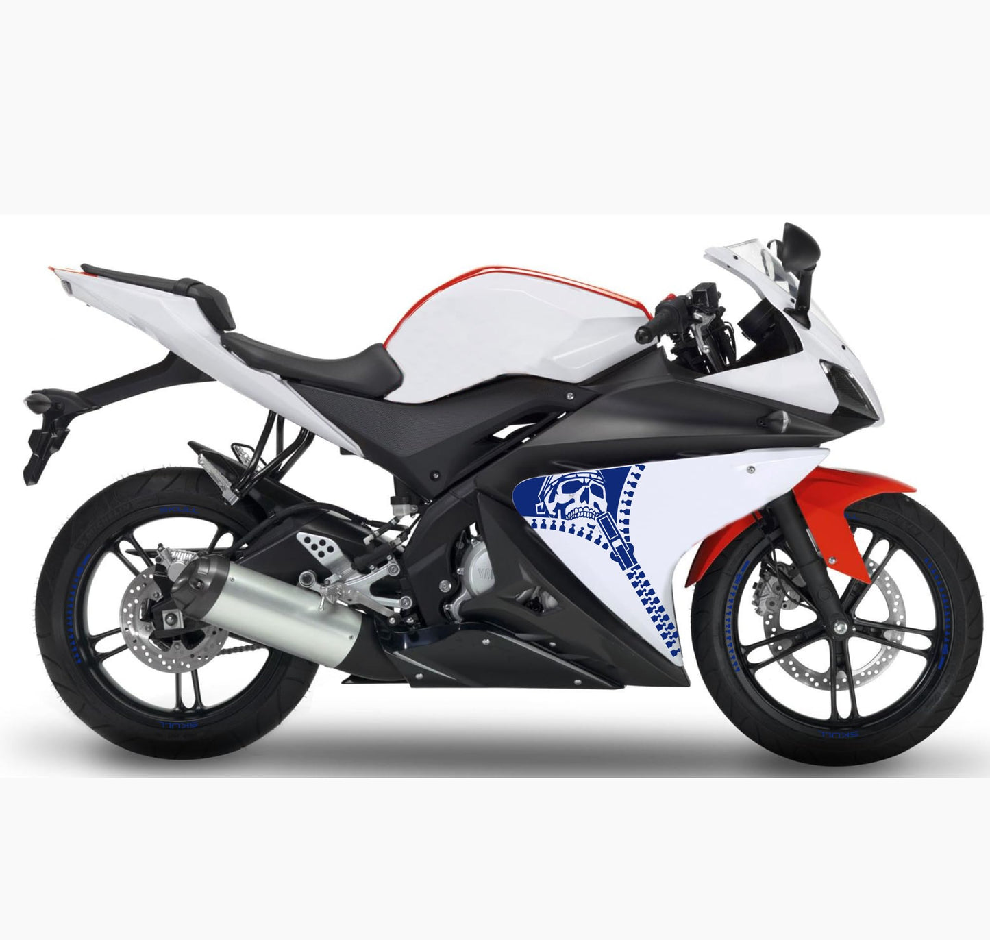 DualColorStampe Adesivi Compatibili con Yamaha YZF-R125 R125 (2014-2018) Stickers Strisce cerchi 17'' Pollici + Carena moto decalcomania teschio M0241