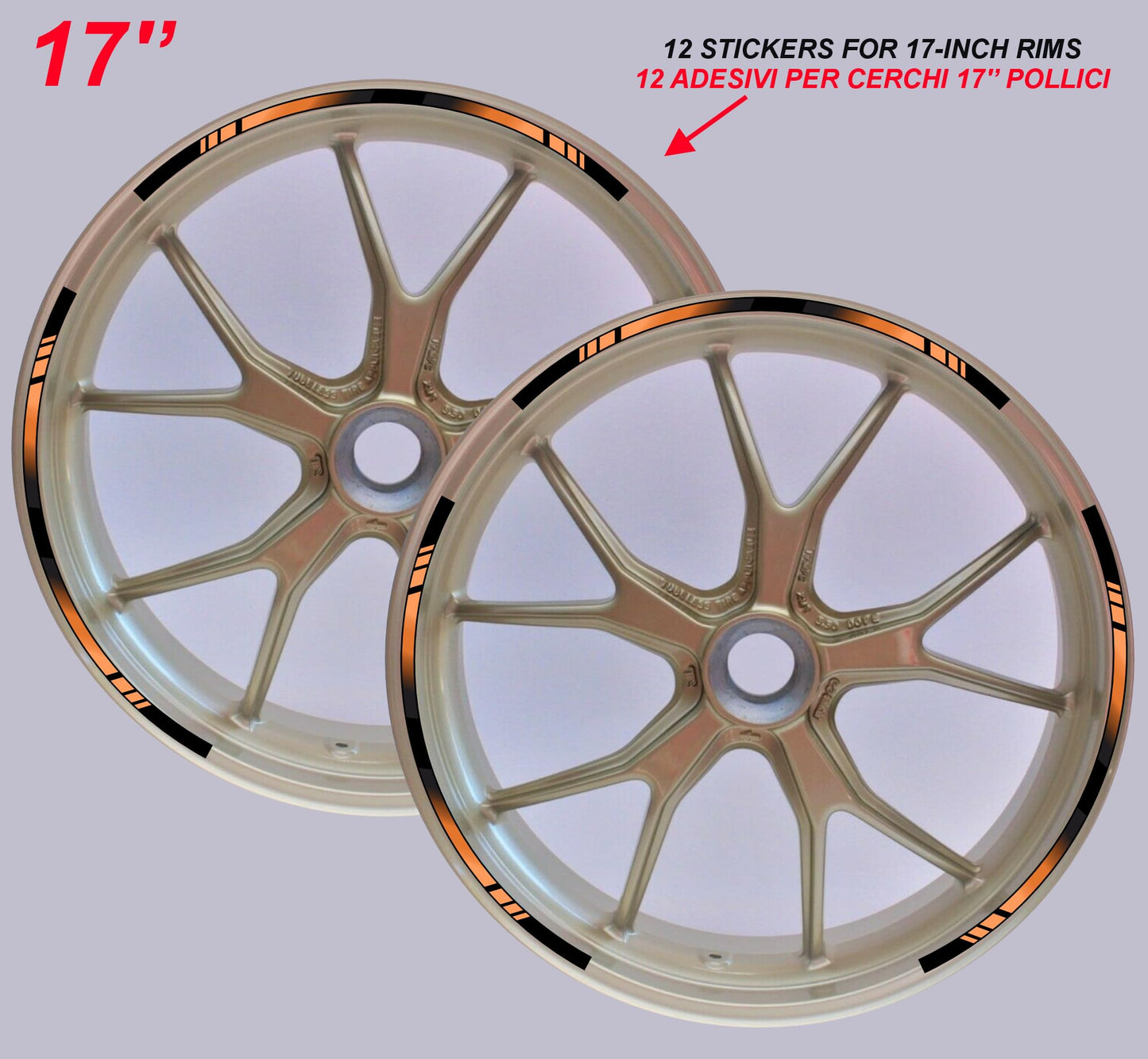 DualColorStampe Strisce Adesive Cerchi Moto 17 Pollici – Set per 2 Ruote – Design Racing Arancione e Nero – Resistenti a Pioggia e Sole – Adesivi Ruote Moto Lucidi – Modello D0136