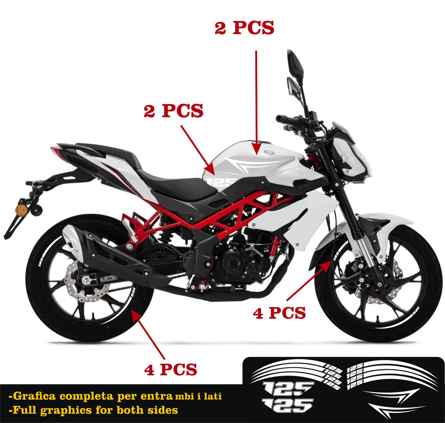 DualColorStampe Adesivi Compatibili con Benelli BN 125 (2021-2023) DX-SX Carena Moto + Strisce Cerchi 17'' Stelle Design - M0303