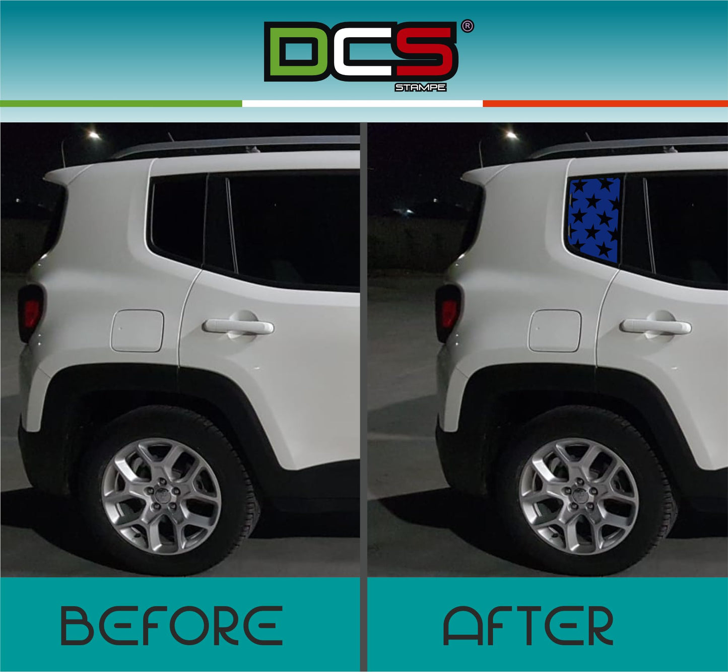 DualColorStampe Adesivi compatibili con Jeep Renegade (2014-2024) Vetro stickers finestrini posteriori fascia Window Decal stelle 0382