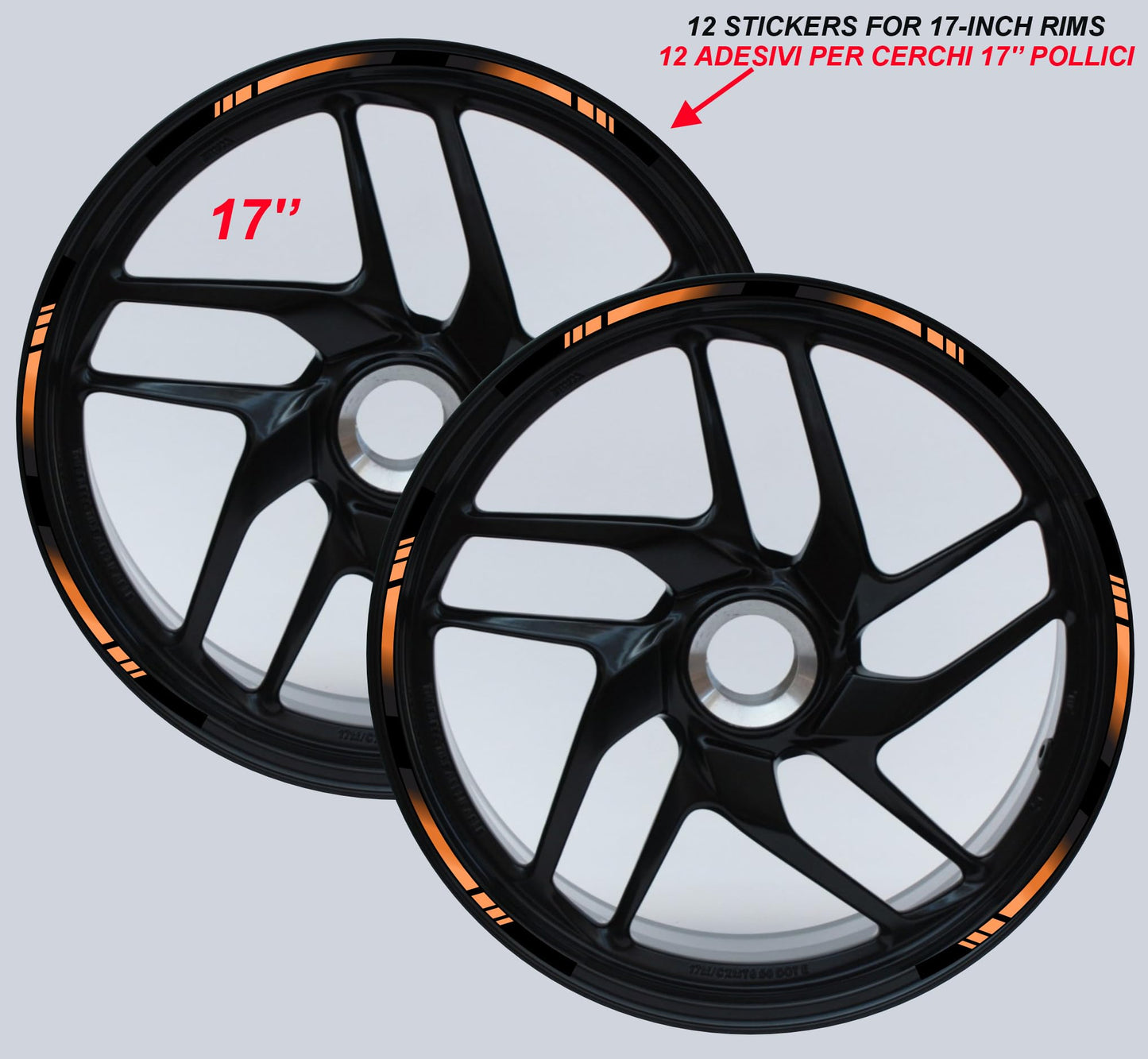 DualColorStampe Strisce Adesive Cerchi Moto 17 Pollici – Set per 2 Ruote – Design Racing Arancione e Nero – Resistenti a Pioggia e Sole – Adesivi Ruote Moto Lucidi – Modello D0136