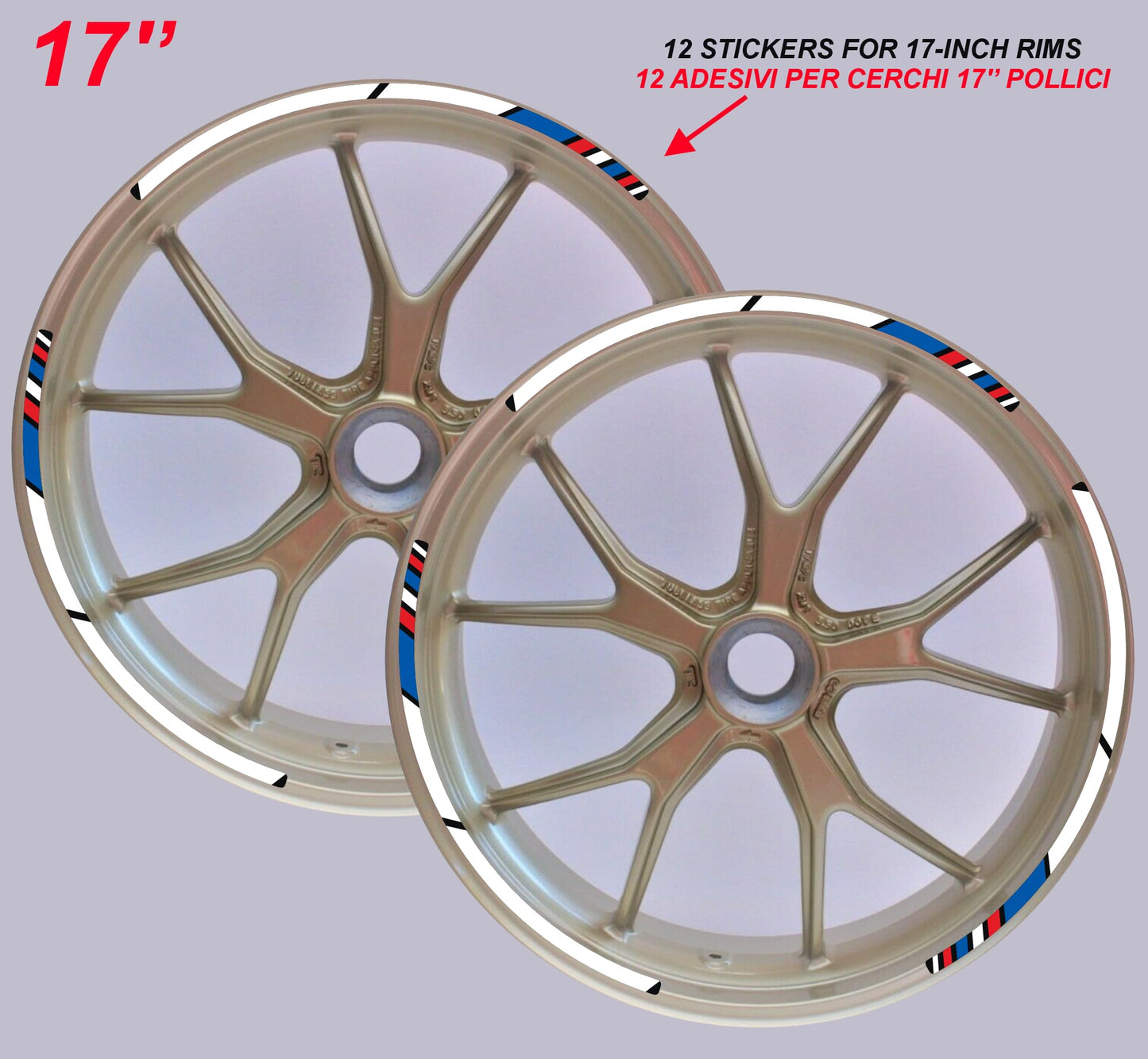 DualColorStampe Strisce Adesive Cerchi Moto 17 Pollici – Set per 2 Ruote – Design Racing Rosso Bianco Blu e Nero – Resistenti a Pioggia e Sole – Adesivi Ruote Moto Lucidi – Modello D0137