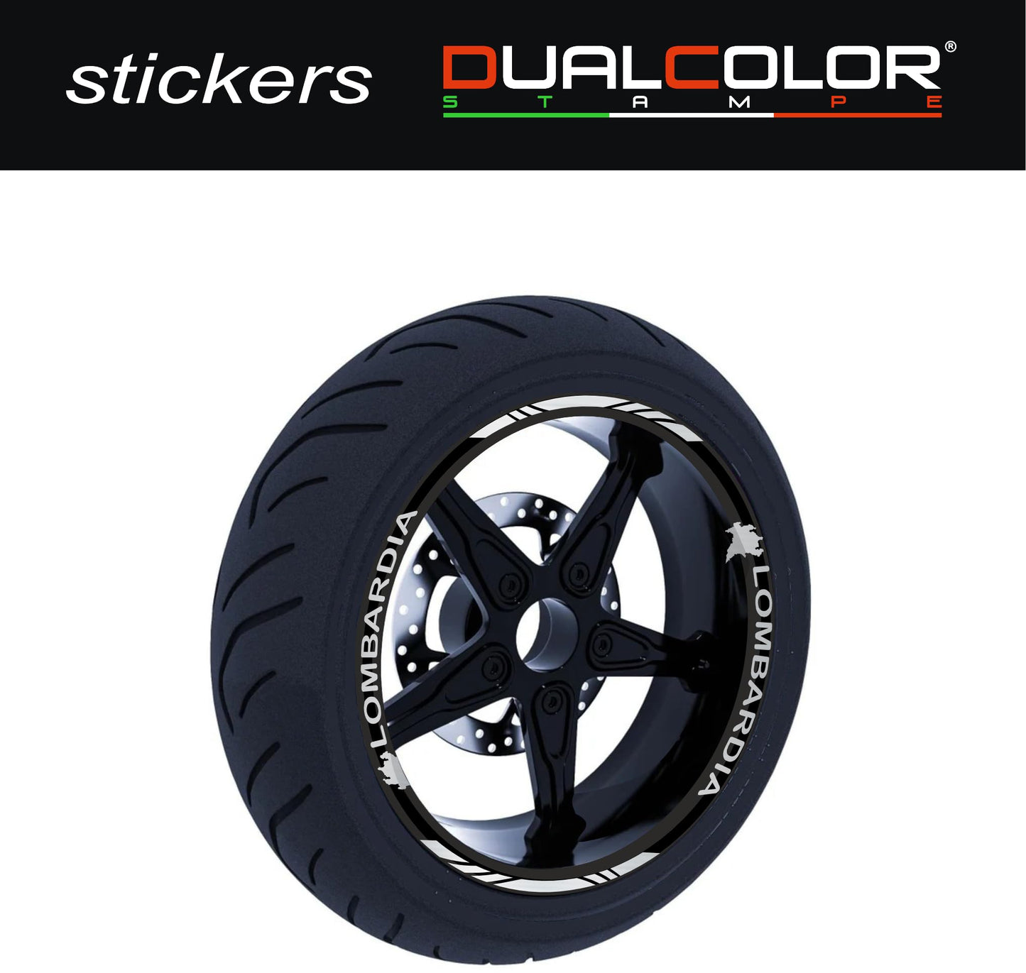 DualColorStampe Stickers Adesivi Set Completo di Cerchi Strisce per Moto per 2 Ruote da 17'' pollici strips Design Racing regione LOMBARDIA D0123