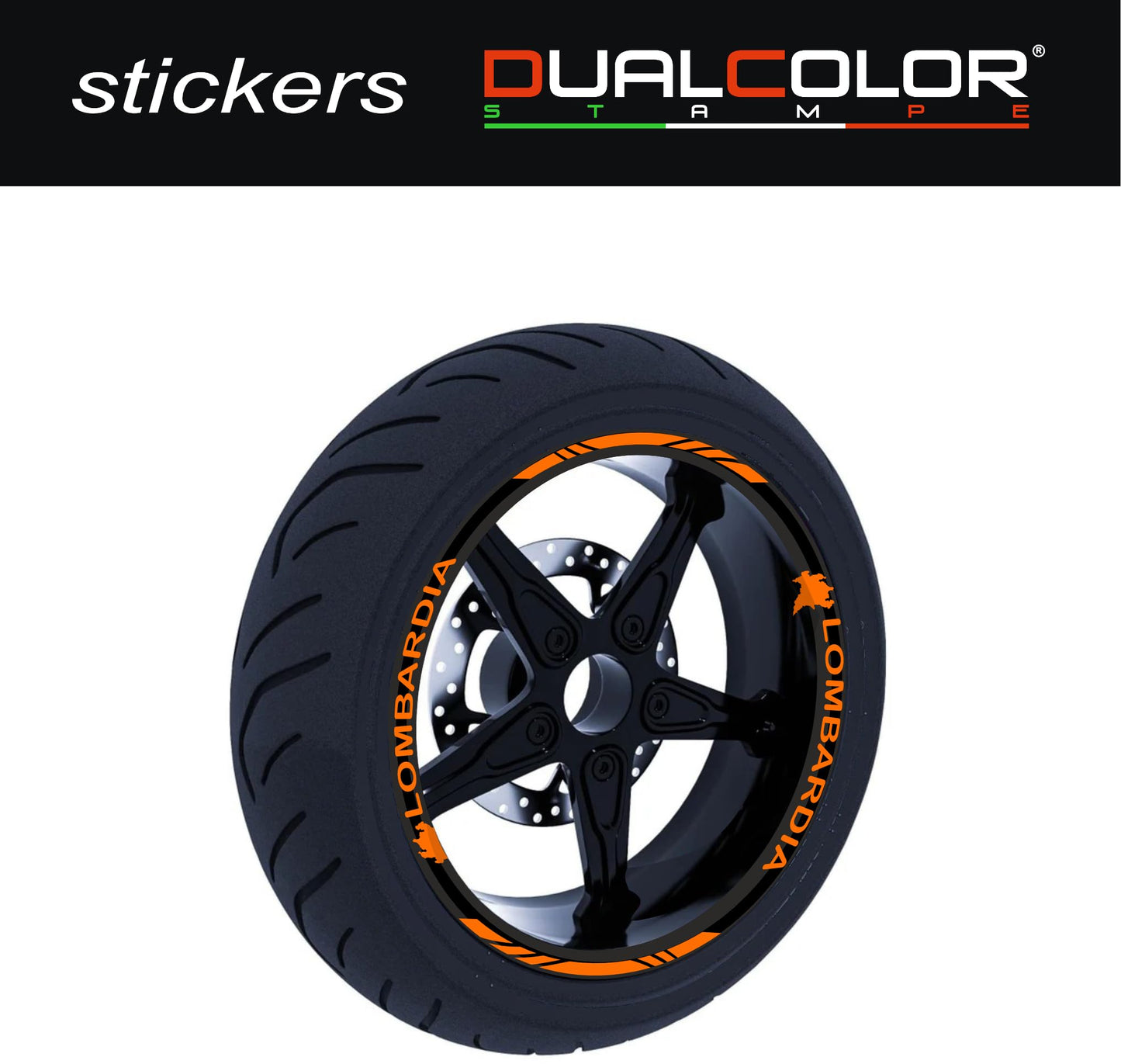 DualColorStampe Stickers Adesivi Set Completo di Cerchi Strisce per Moto per 2 Ruote da 17'' pollici strips Design Racing regione LOMBARDIA D0123