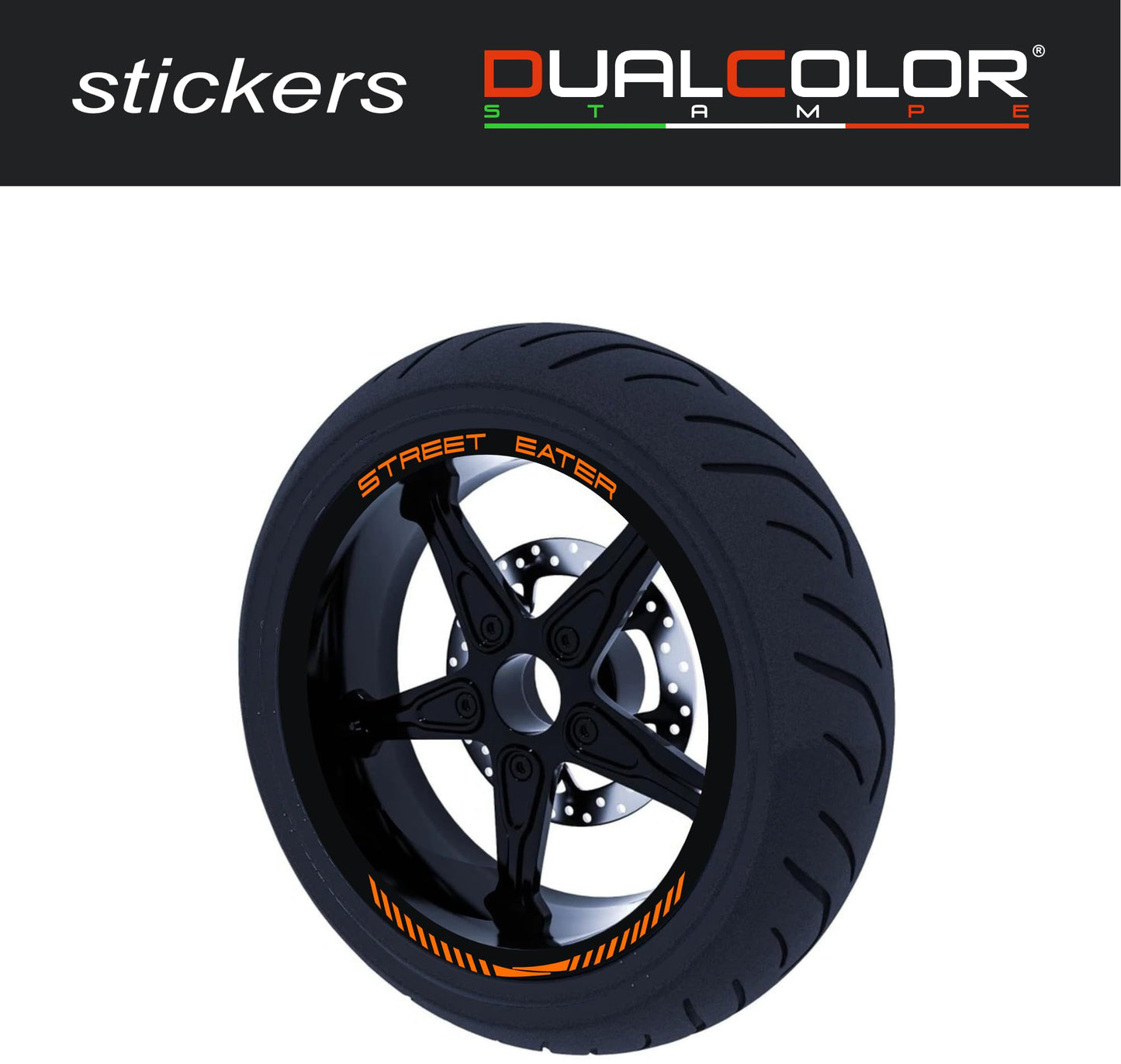 DualColorStampe Confezione Adesivi Set Completo di Cerchi Strisce per Moto per 2 Ruote da 17'' pollici strips Design Racing STREET EATER D0118