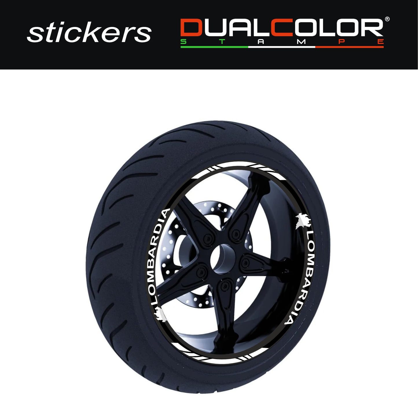 DualColorStampe Stickers Adesivi Set Completo di Cerchi Strisce per Moto per 2 Ruote da 17'' pollici strips Design Racing regione LOMBARDIA D0123