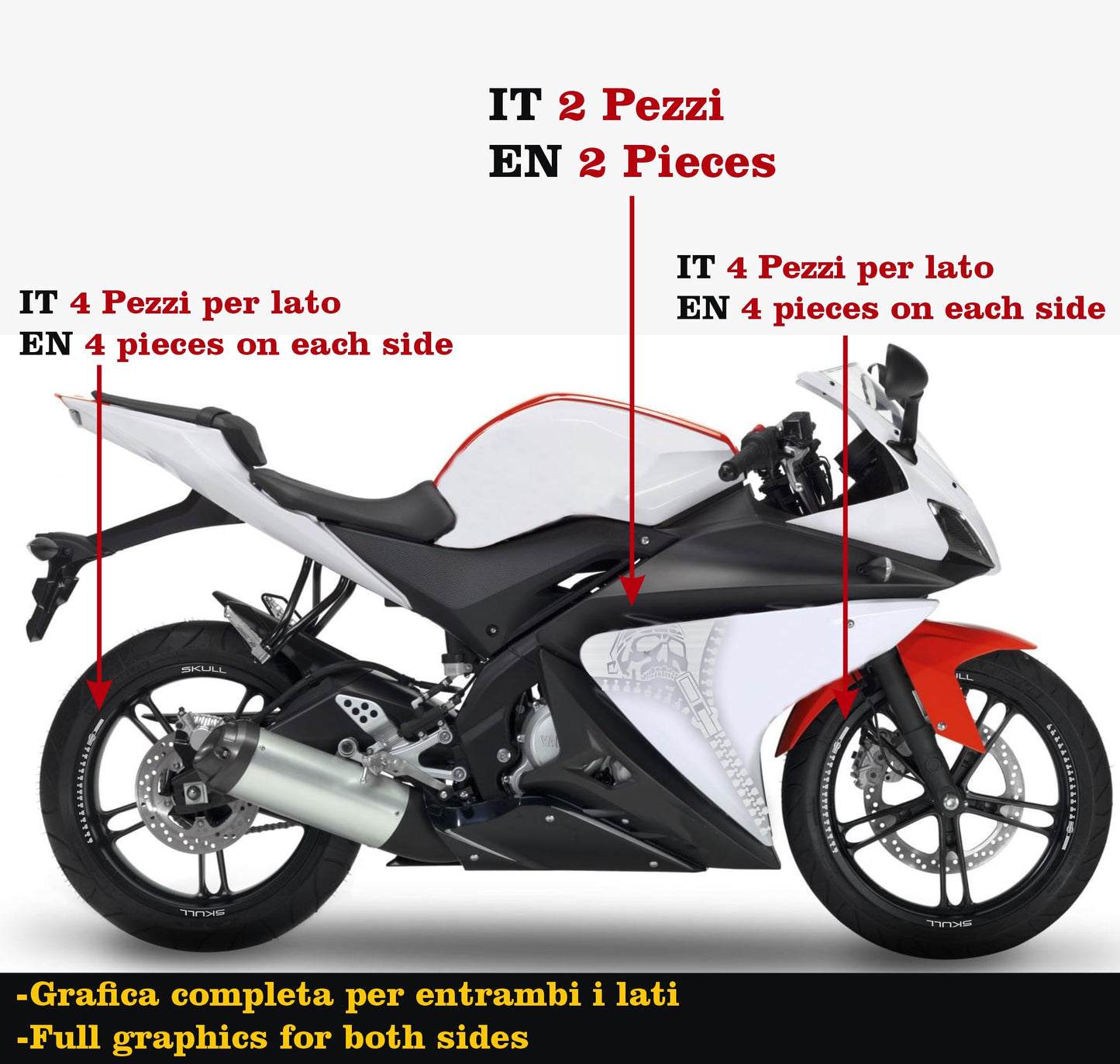 DualColorStampe Adesivi Compatibili con Yamaha YZF-R125 R125 (2014-2018) Stickers Strisce cerchi 17'' Pollici + Carena moto decalcomania teschio M0241