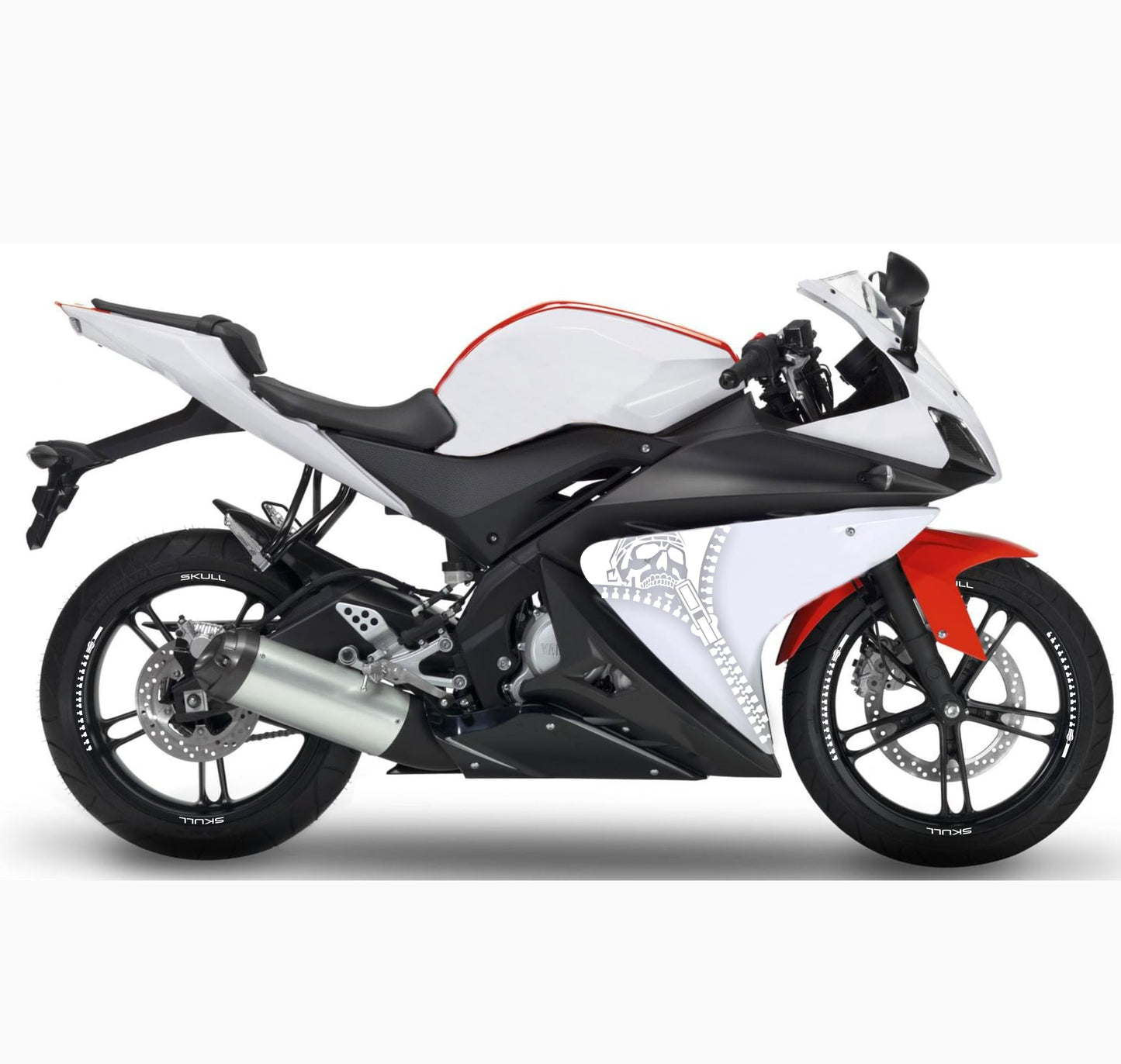 DualColorStampe Adesivi Compatibili con Yamaha YZF-R125 R125 (2014-2018) Stickers Strisce cerchi 17'' Pollici + Carena moto decalcomania teschio M0241