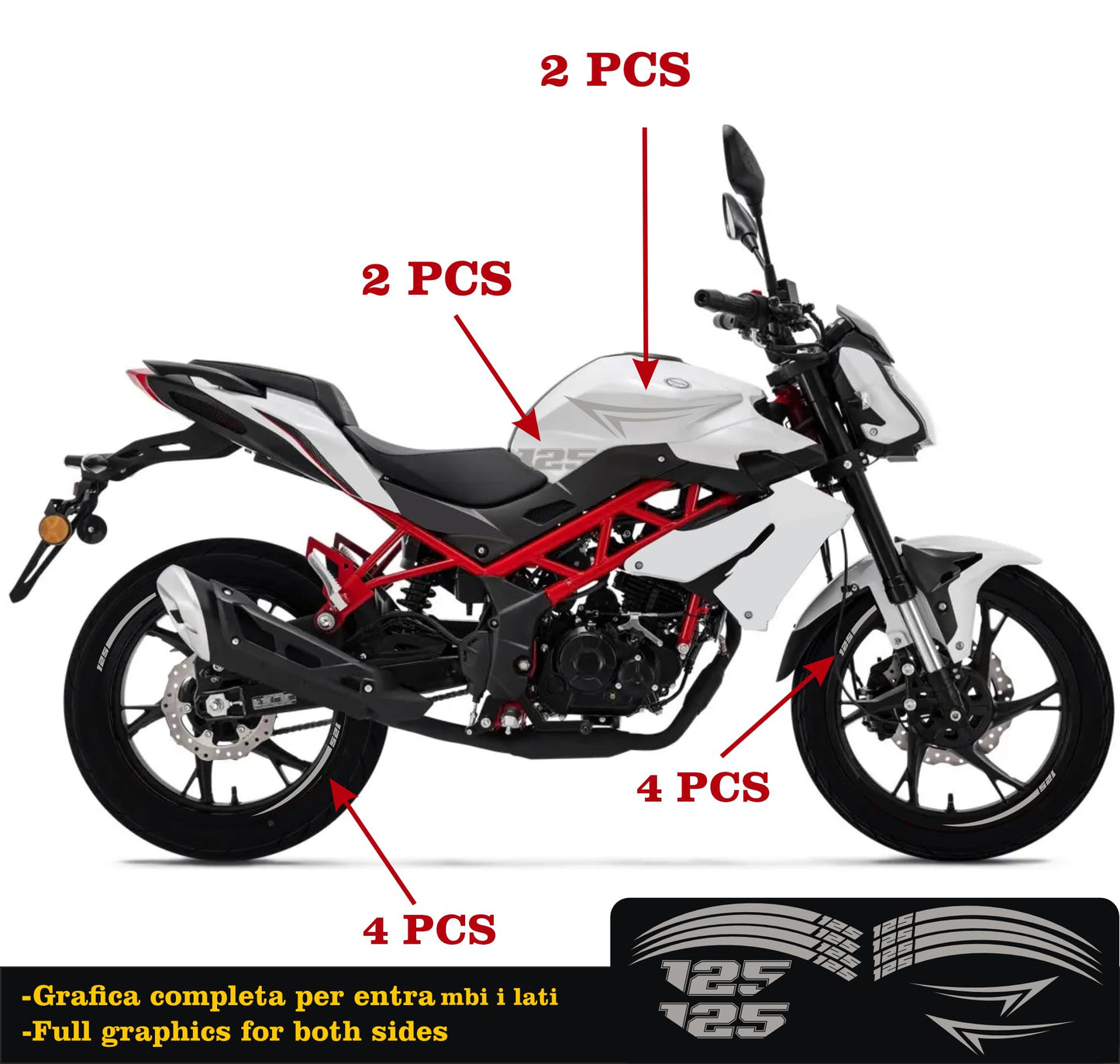 DualColorStampe Adesivi Compatibili con Benelli BN 125 (2021-2023) DX-SX Carena Moto + Strisce Cerchi 17'' Stelle Design - M0303