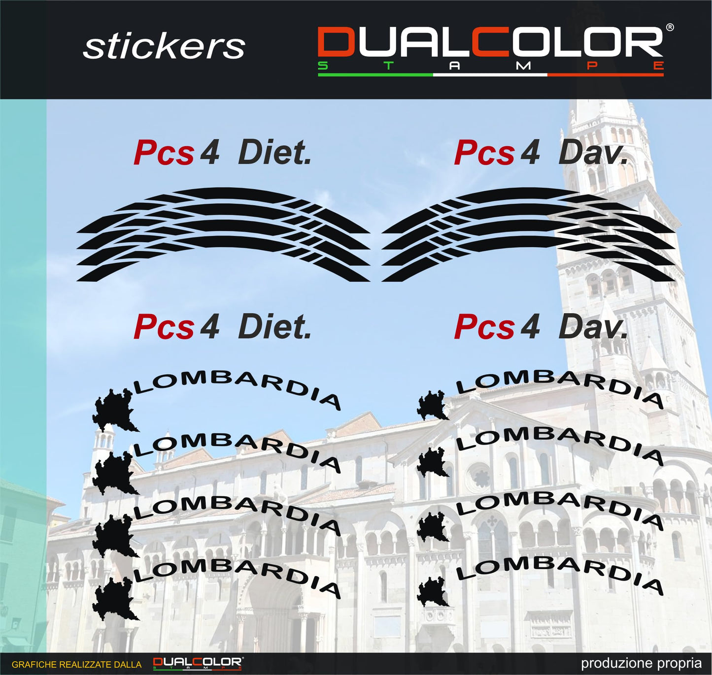 DualColorStampe Stickers Adesivi Set Completo di Cerchi Strisce per Moto per 2 Ruote da 17'' pollici strips Design Racing regione LOMBARDIA D0123