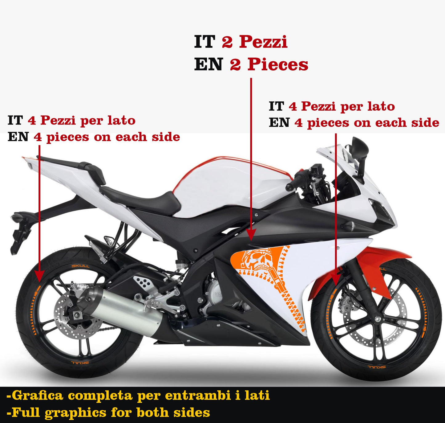 DualColorStampe Adesivi Compatibili con Yamaha YZF-R125 R125 (2014-2018) Stickers Strisce cerchi 17'' Pollici + Carena moto decalcomania teschio M0241