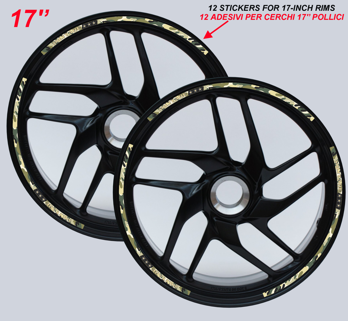 Strisce Adesive Cerchi Moto 17 Pollici design militare – Set per 2 Ruote – Design Racing Bianco Blu e Nero – Resistenti a Pioggia e Sole – Adesivi Ruote Moto Lucidi – Modello D0143