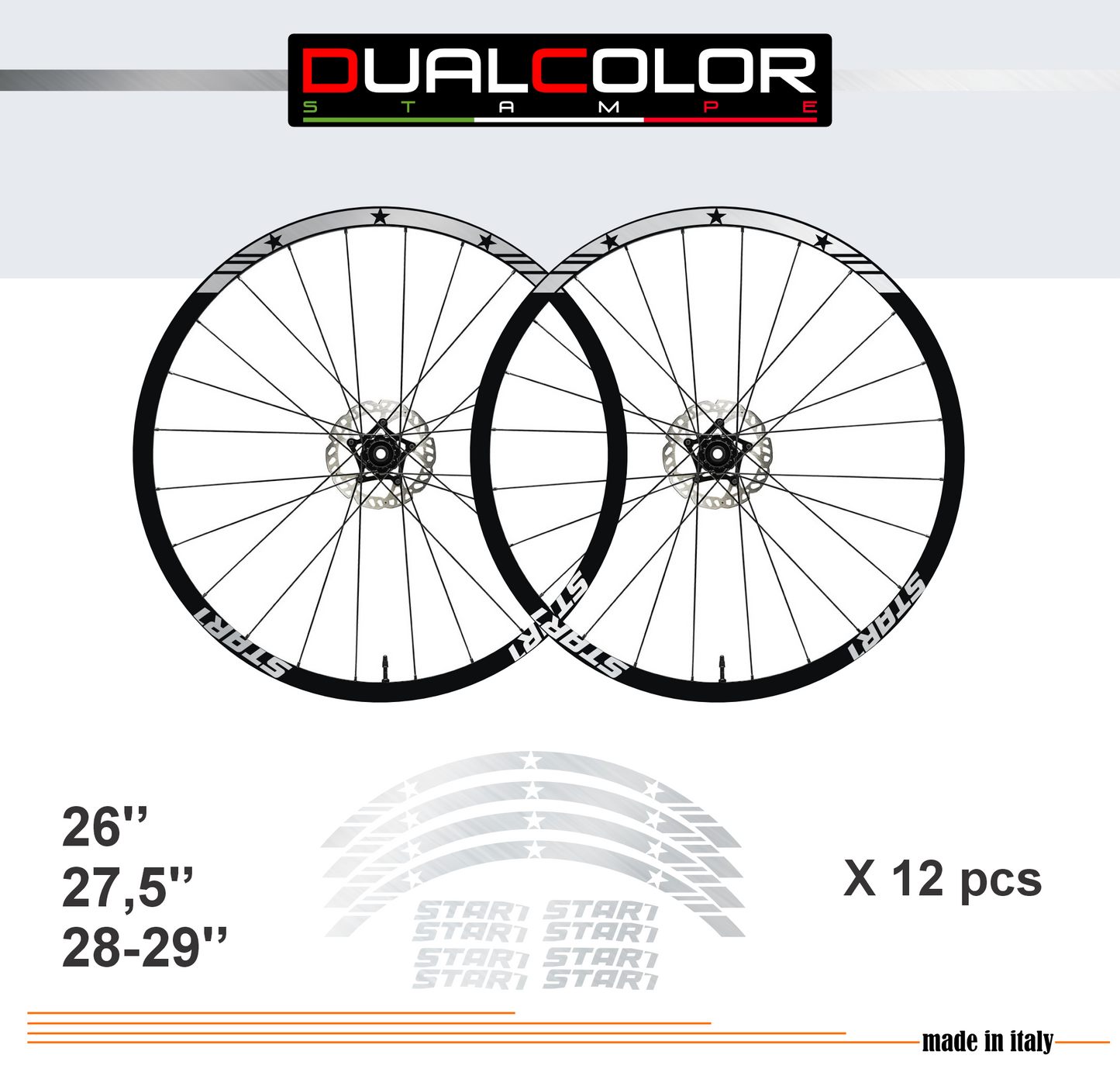DualColorStampe Adesivi Cerchi Bici 26'' - 27,5'' - 28-29'' Pollici Ruota Bici MTB Bike Stickers Cerchi MTB BDC Stelle stars start B0210