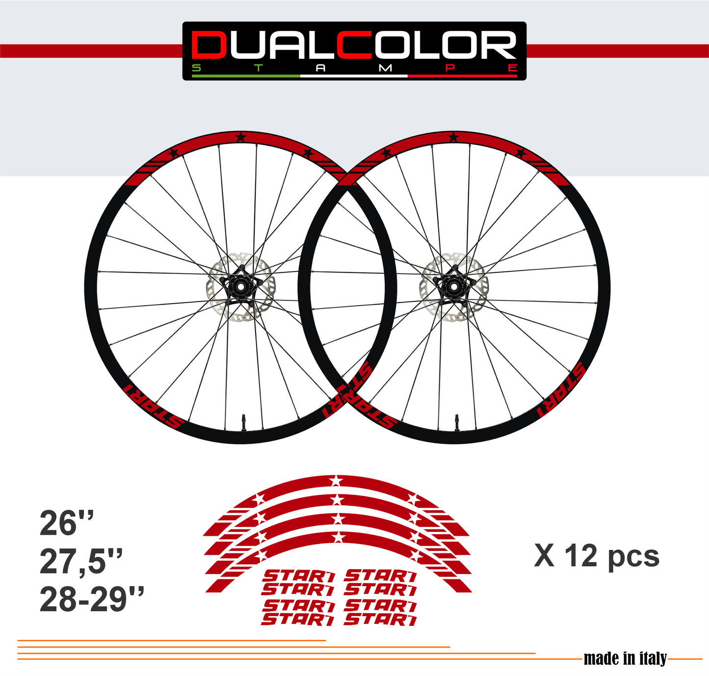DualColorStampe Adesivi Cerchi Bici 26'' - 27,5'' - 28-29'' Pollici Ruota Bici MTB Bike Stickers Cerchi MTB BDC Stelle stars start B0210