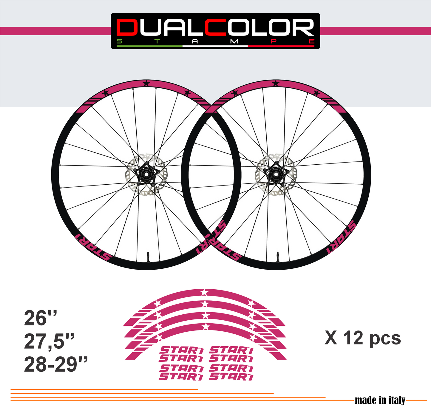 DualColorStampe Adesivi Cerchi Bici 26'' - 27,5'' - 28-29'' Pollici Ruota Bici MTB Bike Stickers Cerchi MTB BDC Stelle stars start B0210