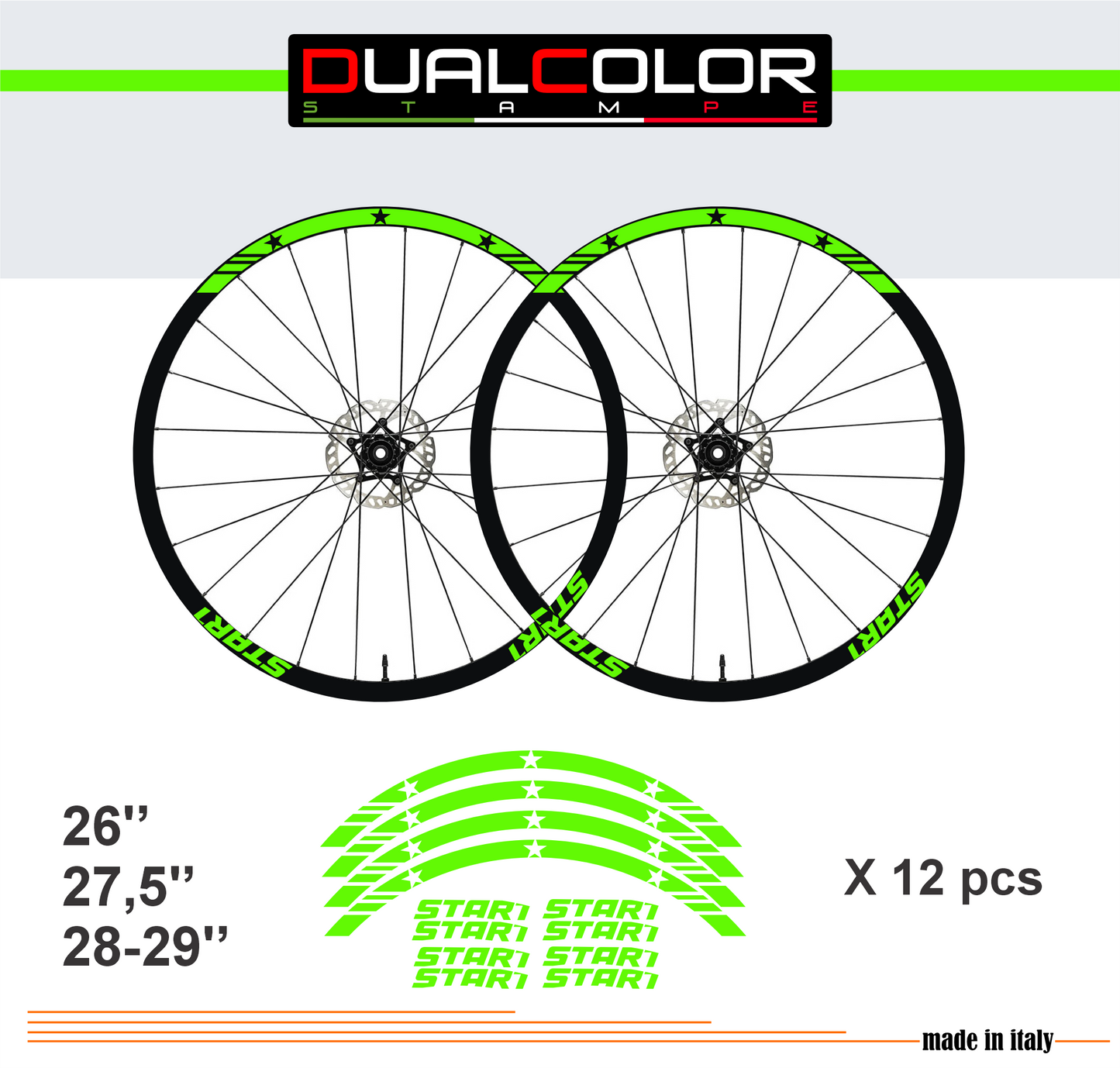 DualColorStampe Adesivi Cerchi Bici 26'' - 27,5'' - 28-29'' Pollici Ruota Bici MTB Bike Stickers Cerchi MTB BDC Stelle stars start B0210