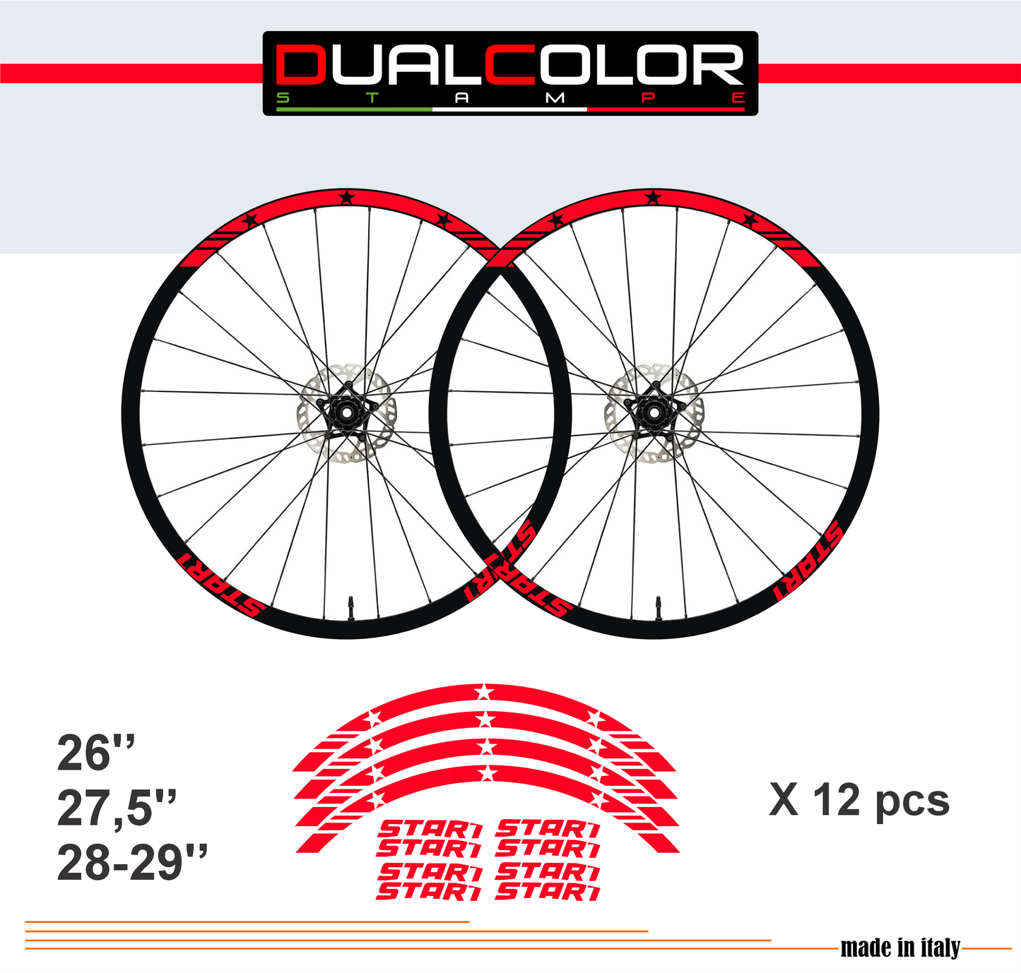 DualColorStampe Adesivi Cerchi Bici 26'' - 27,5'' - 28-29'' Pollici Ruota Bici MTB Bike Stickers Cerchi MTB BDC Stelle stars start B0210
