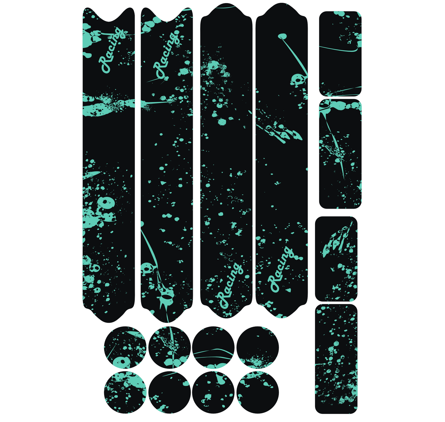 Kit 16 adesivi protettivi bici DualColorStampe nero e verde acqua applicati su telaio MTB