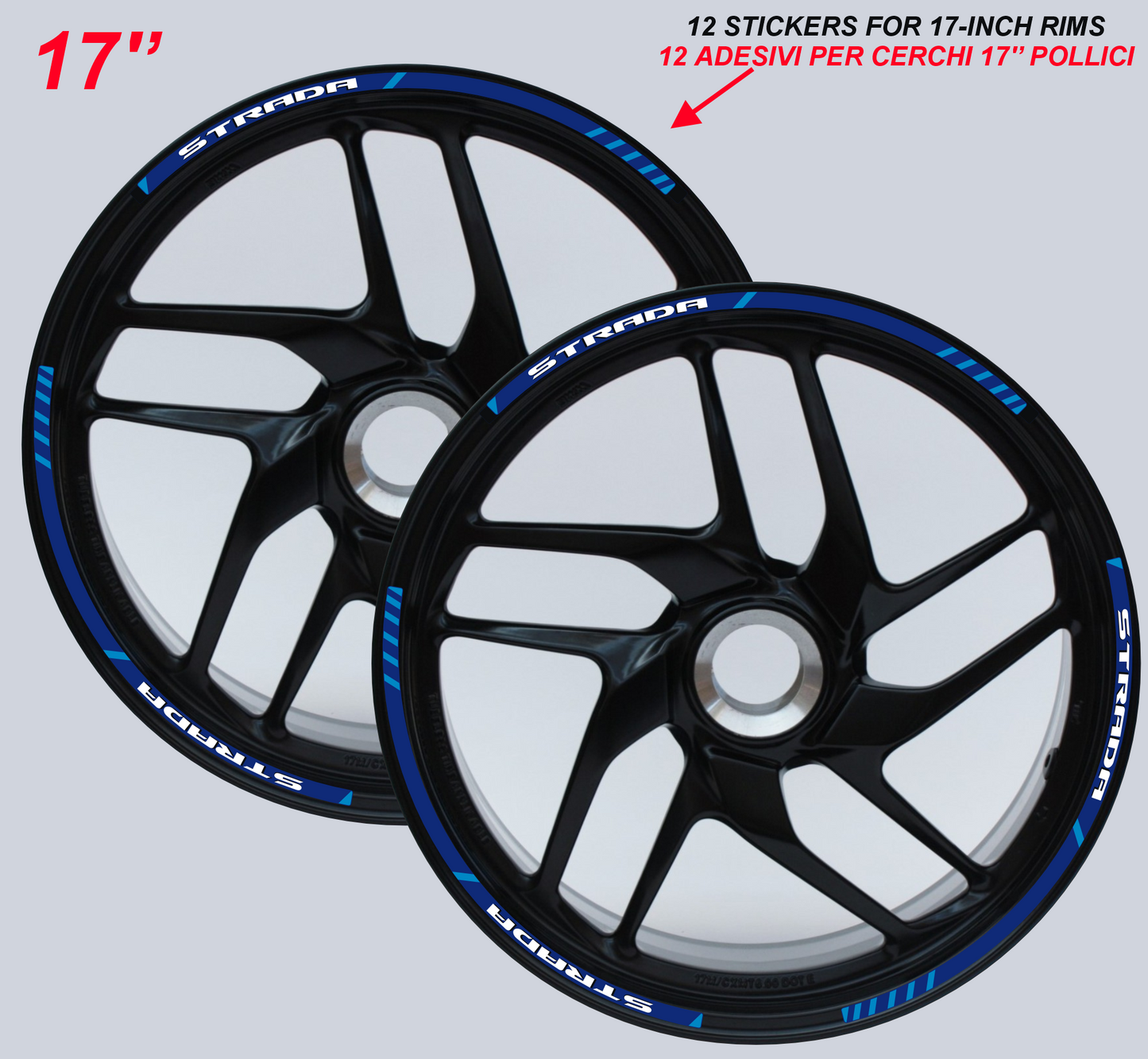 Strisce Adesive Cerchi Moto 17 Pollici – Set per 2 Ruote – Design Racing Bianco Blu e Nero – Resistenti a Pioggia e Sole – Adesivi Ruote Moto Lucidi – Modello D0138