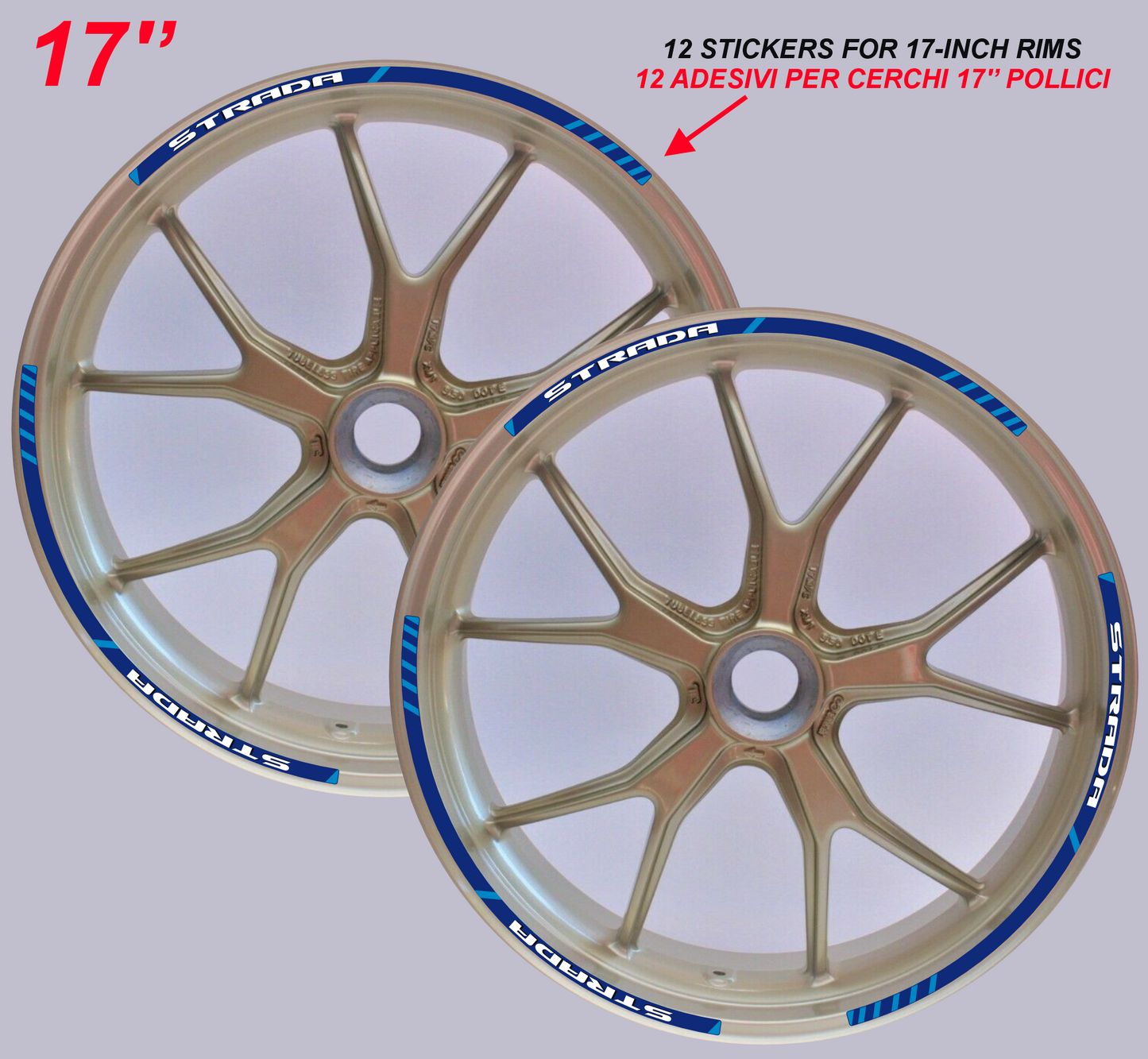 Strisce Adesive Cerchi Moto 17 Pollici – Set per 2 Ruote – Design Racing Bianco Blu e Nero – Resistenti a Pioggia e Sole – Adesivi Ruote Moto Lucidi – Modello D0138