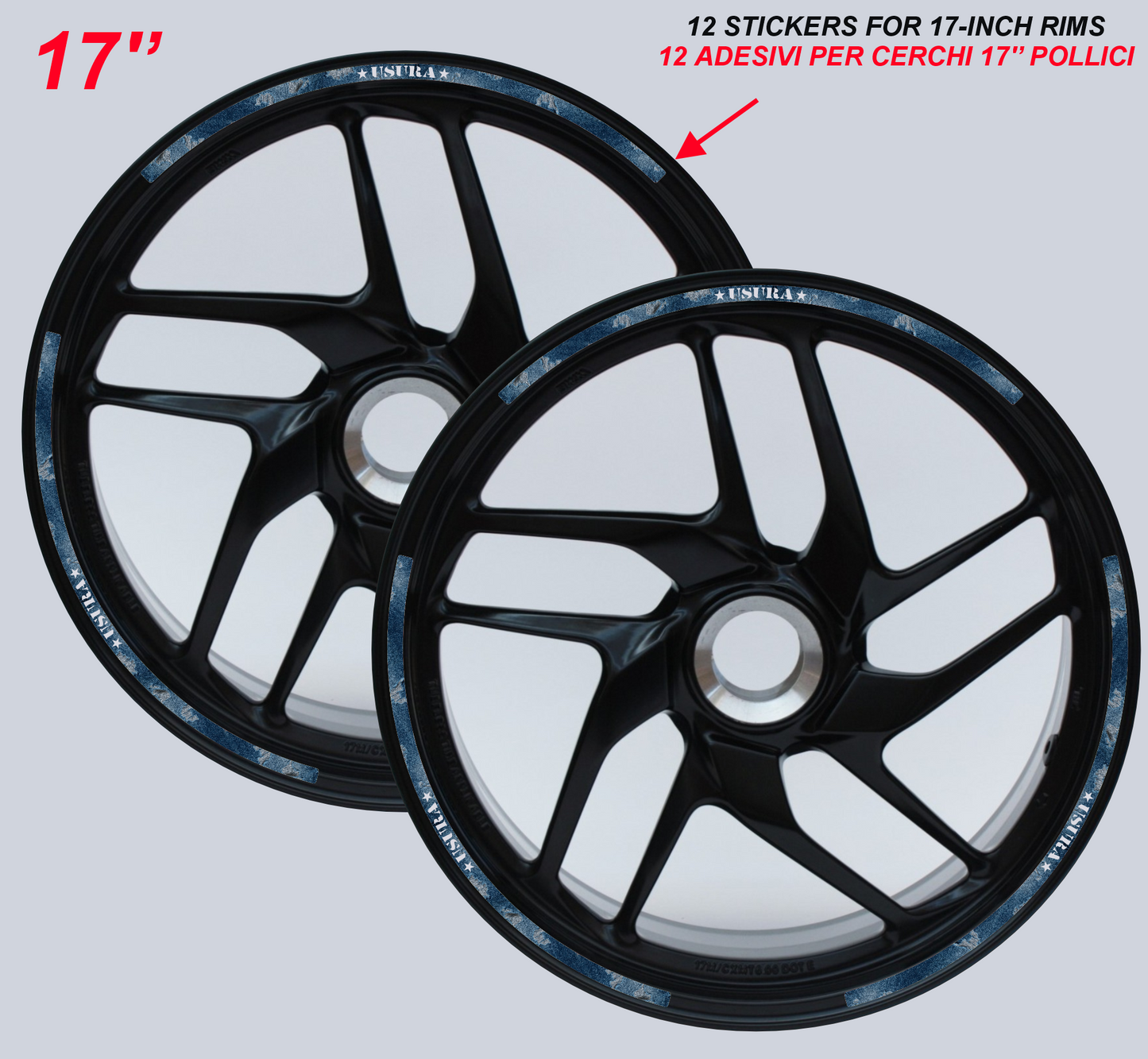 Strisce Adesive Cerchi Moto 17 Pollici DESIGN EFFETTO JEANS – Set per 2 Ruote – Design Racing Bianco Blu e Nero – Resistenti a Pioggia e Sole – Adesivi Ruote Moto Lucidi D0140