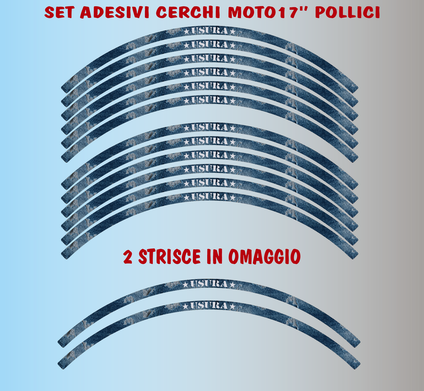 Strisce Adesive Cerchi Moto 17 Pollici DESIGN EFFETTO JEANS – Set per 2 Ruote – Design Racing Bianco Blu e Nero – Resistenti a Pioggia e Sole – Adesivi Ruote Moto Lucidi D0140