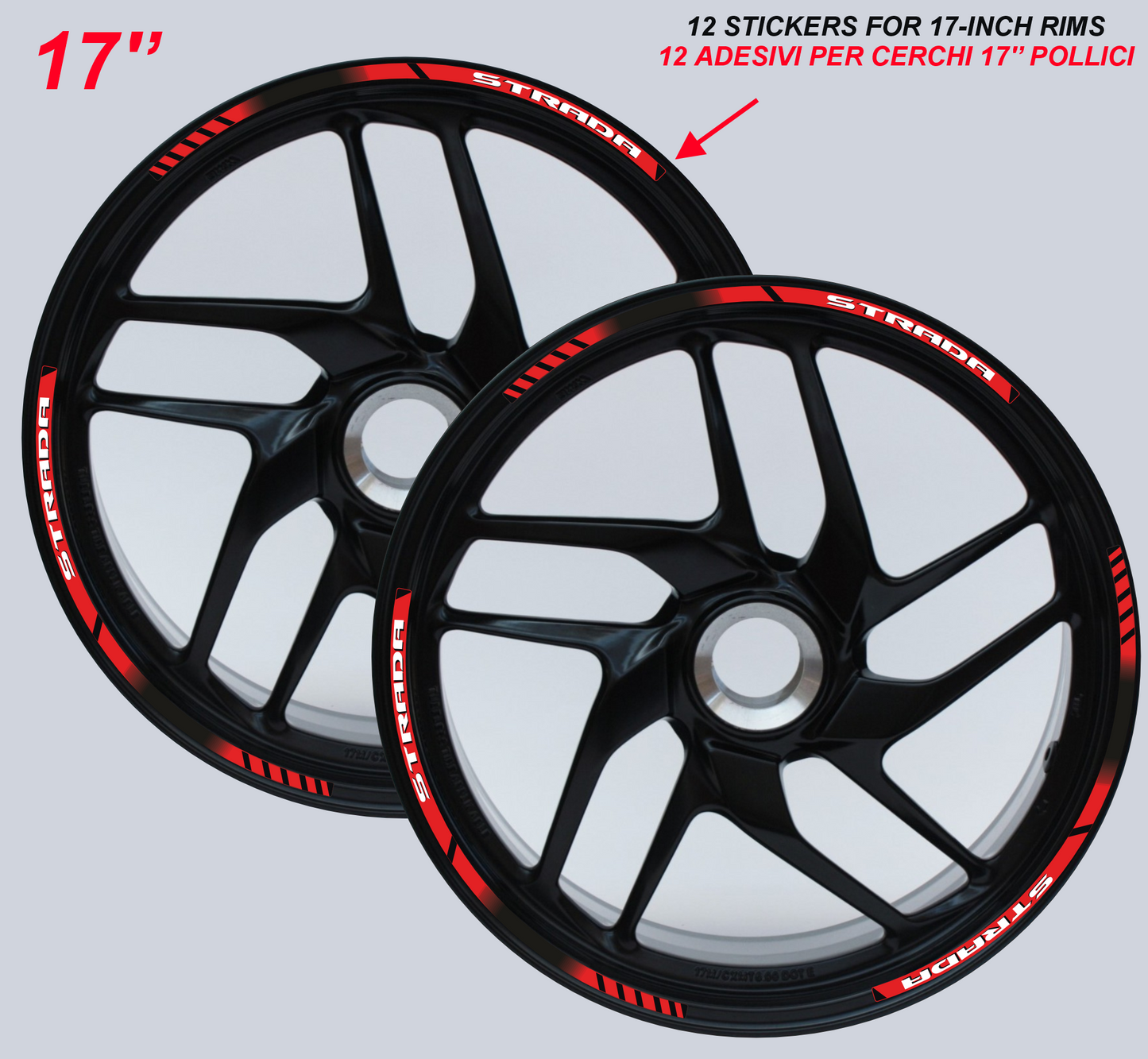 Adesivi Cerchi Moto 17 Pollici – Set 2 Ruote – Design Racing Nero, Rosso e Bianco – Resistenti a Sole e Pioggia – Adesivi Lucidi Ruote Moto D0141