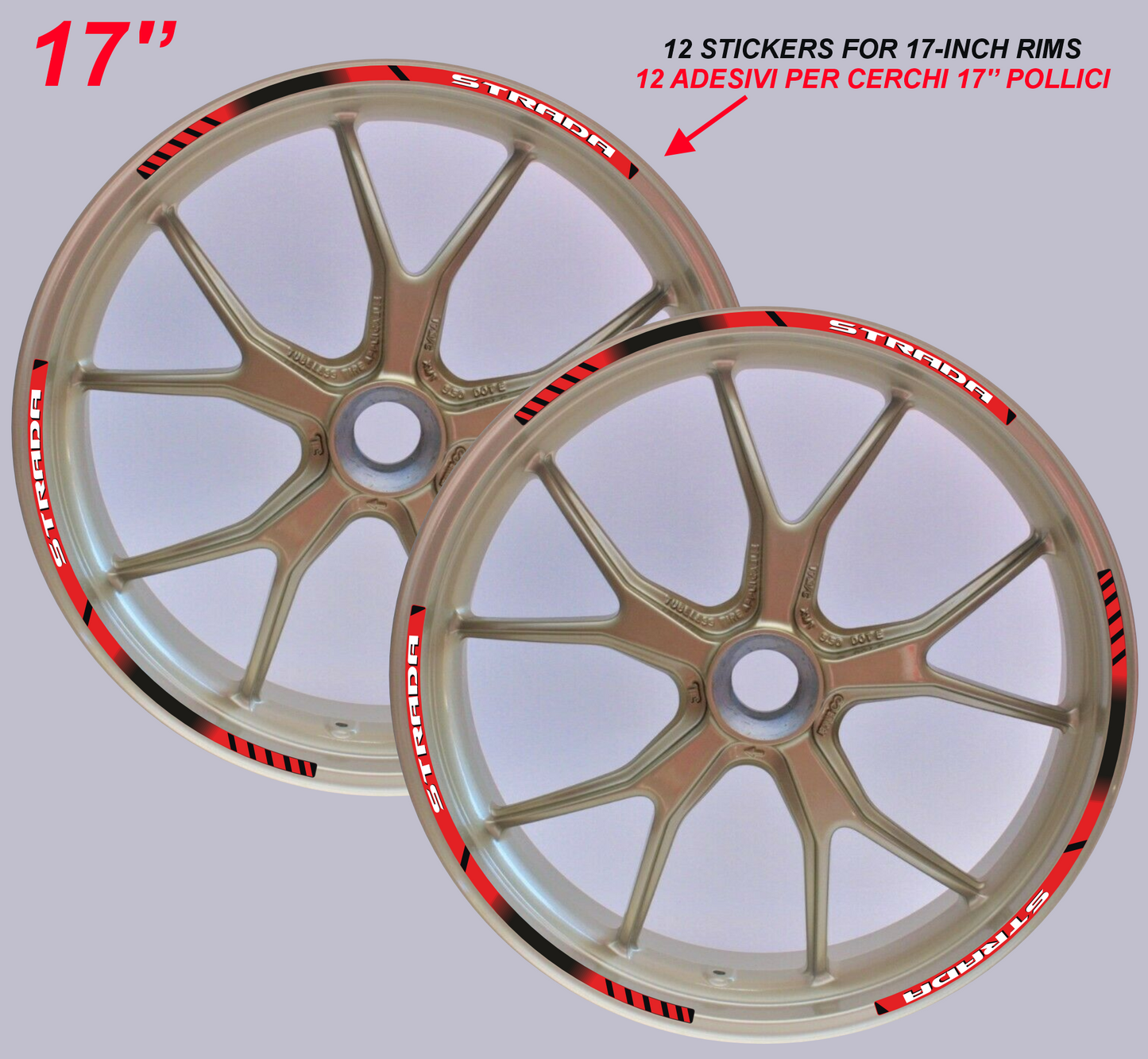 Adesivi Cerchi Moto 17 Pollici – Set 2 Ruote – Design Racing Nero, Rosso e Bianco – Resistenti a Sole e Pioggia – Adesivi Lucidi Ruote Moto D0141
